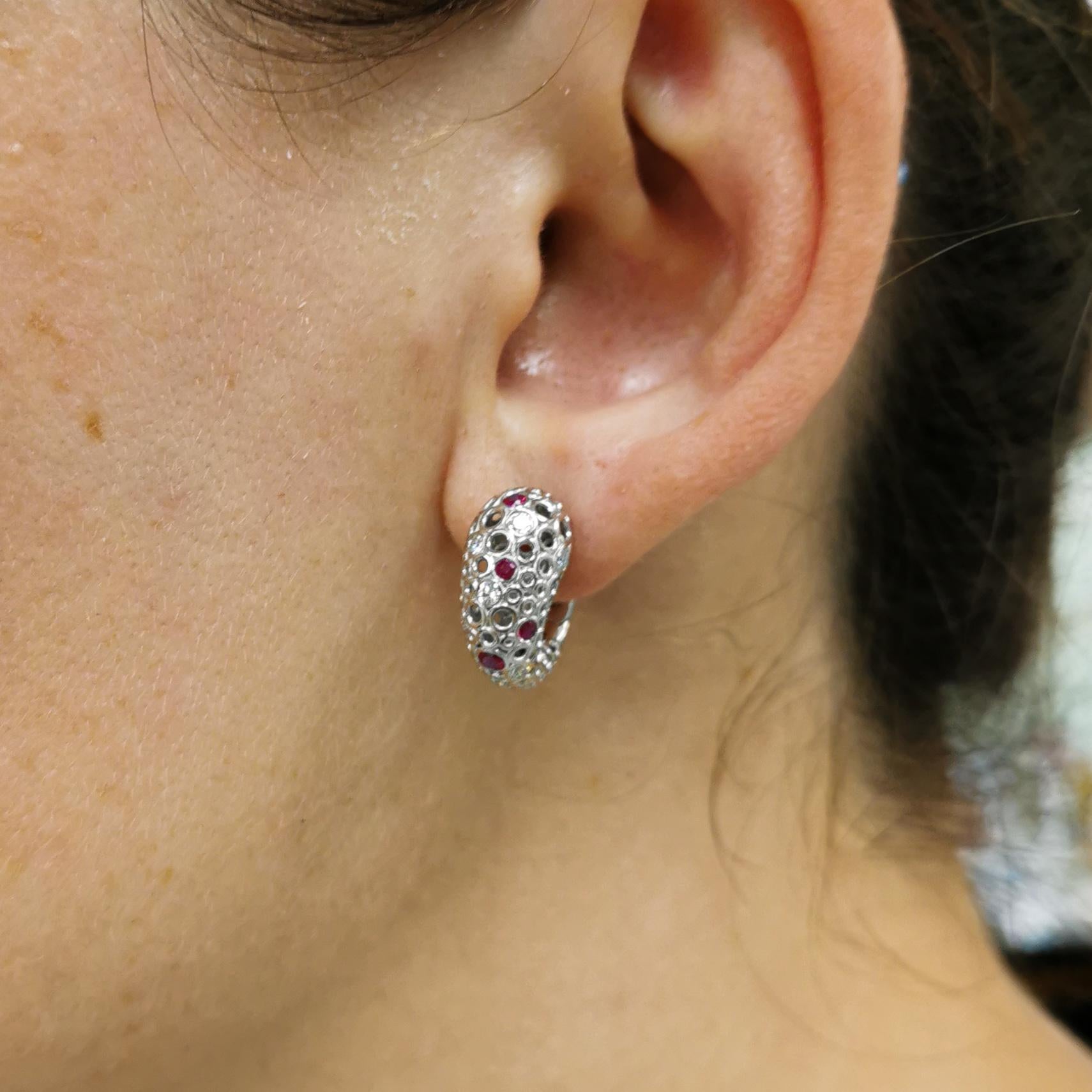 Diamonds Rubies 18 Karat White Gold Bubble Earrings For Sale 5