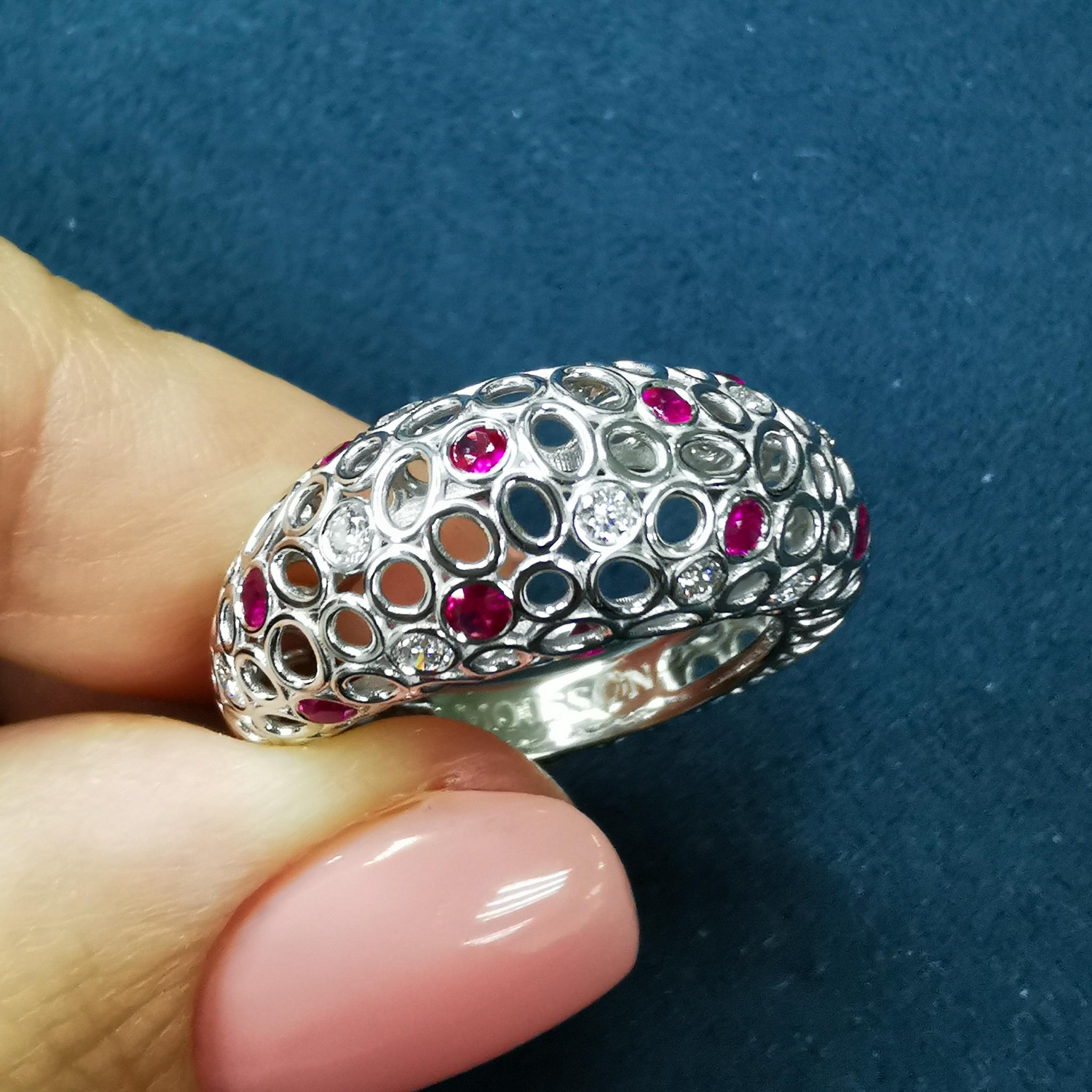Contemporary Diamonds Rubies 18 Karat White Gold Bubble Ring For Sale