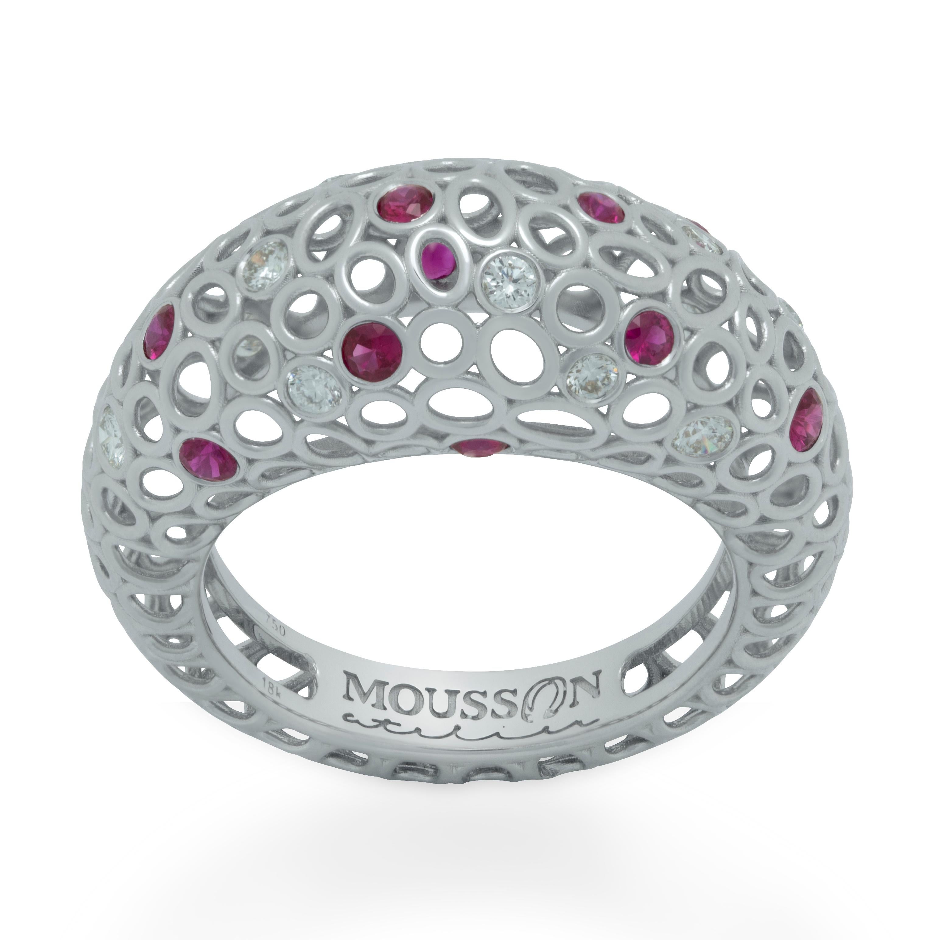 Diamonds Rubies 18 Karat White Gold Bubble Ring
Incredibly light and airy Ring from our Bubbles Collection. White 18 Karat Gold is made in the form of variety of small bubbles, some of which have 11 Rubies and 13 Diamonds setted. Instant beauty!
In