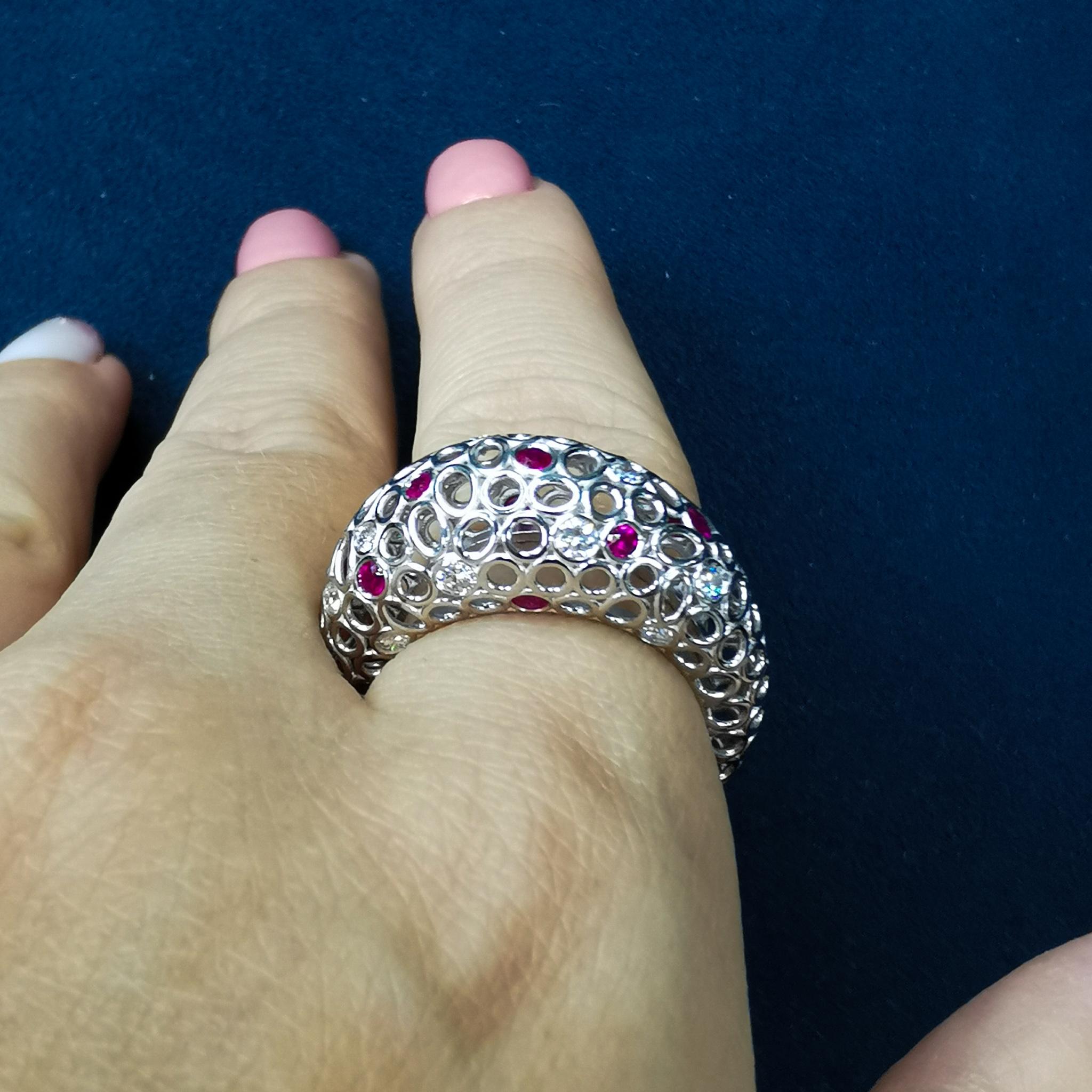 Diamonds Rubies 18 Karat White Gold Bubble Ring For Sale 4