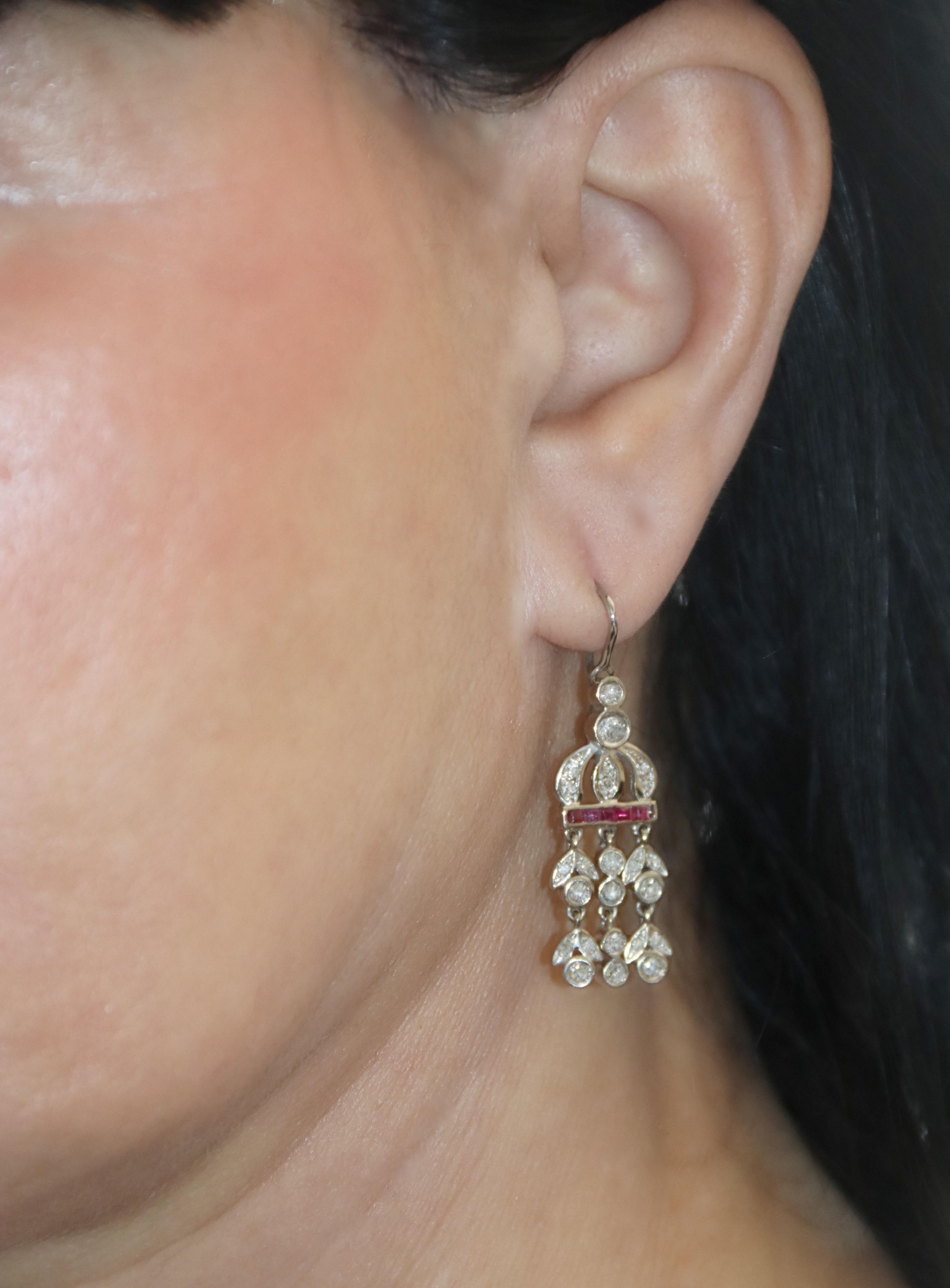 Diamonds Rubies 18 karat White Gold Drop Earrings For Sale 4