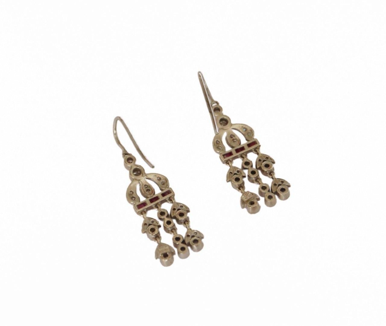 Art Nouveau Diamonds Rubies 18 karat White Gold Drop Earrings For Sale