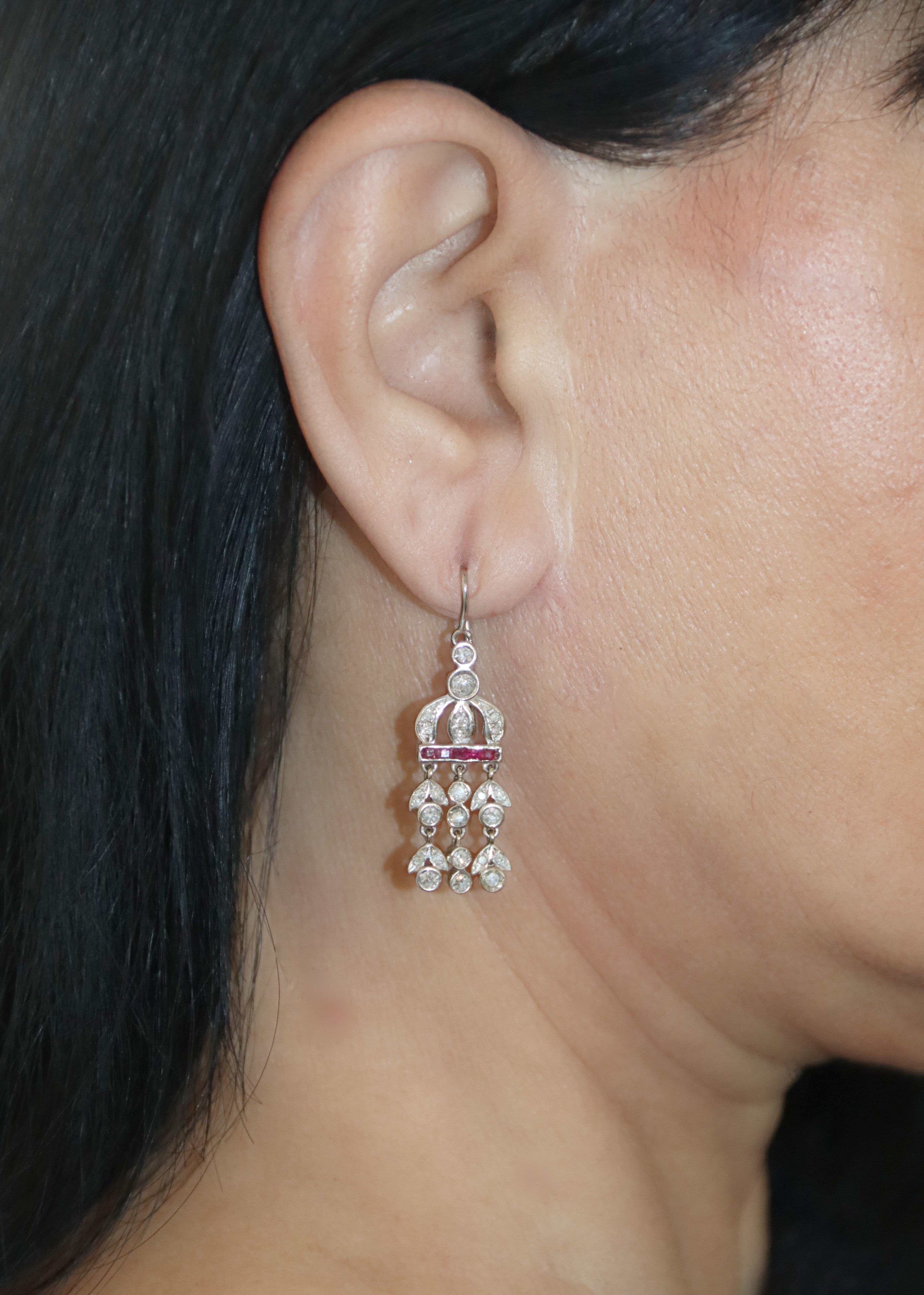 Diamonds Rubies 18 karat White Gold Drop Earrings For Sale 1