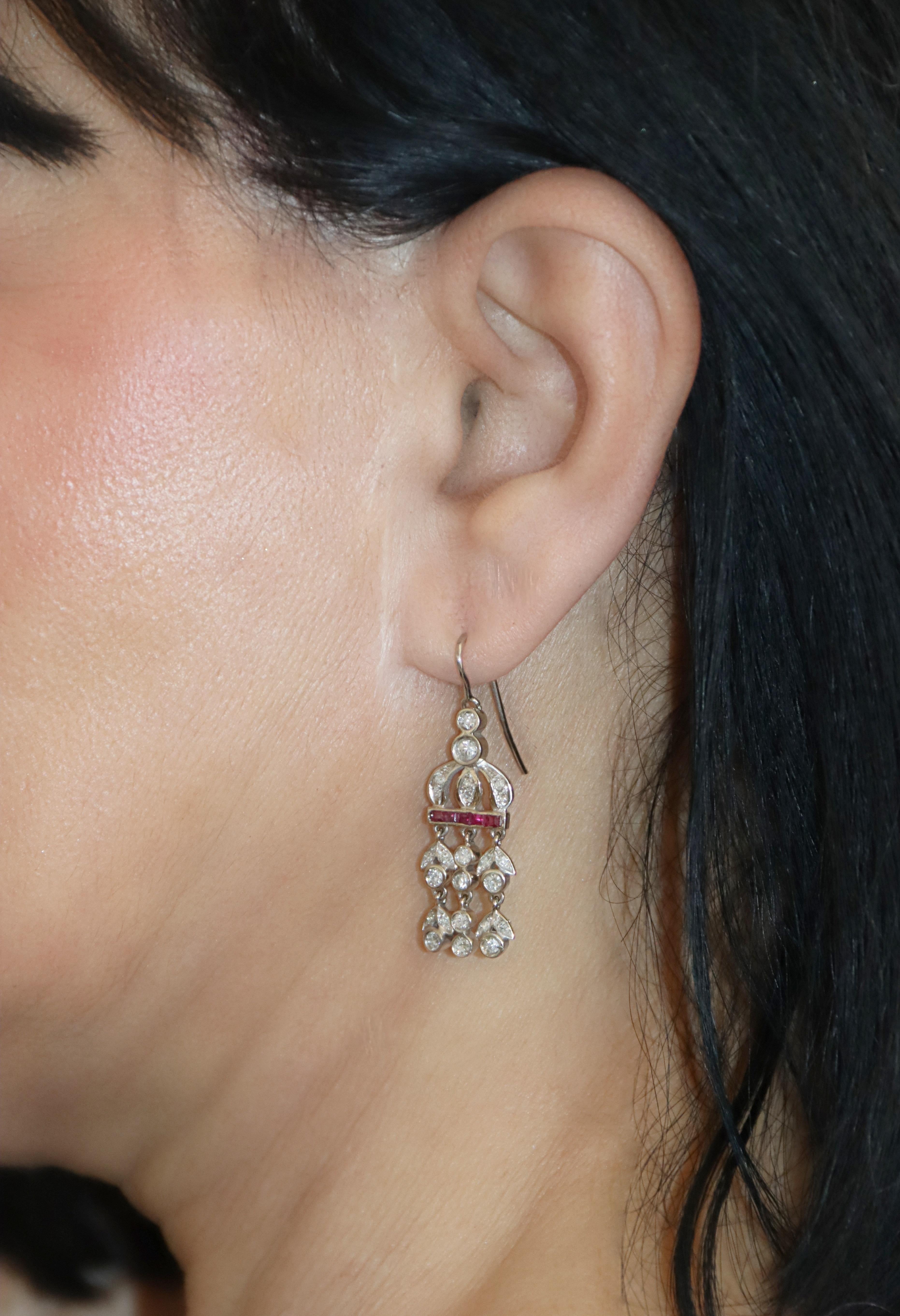Diamonds Rubies 18 karat White Gold Drop Earrings For Sale 3