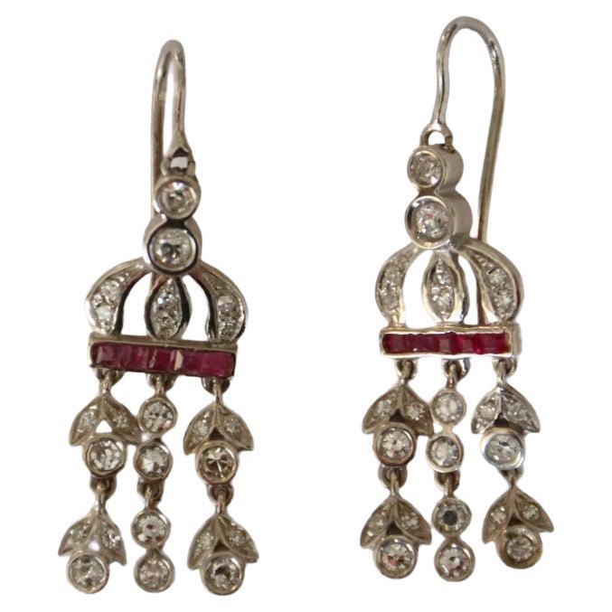 Diamonds Rubies 18 karat White Gold Drop Earrings