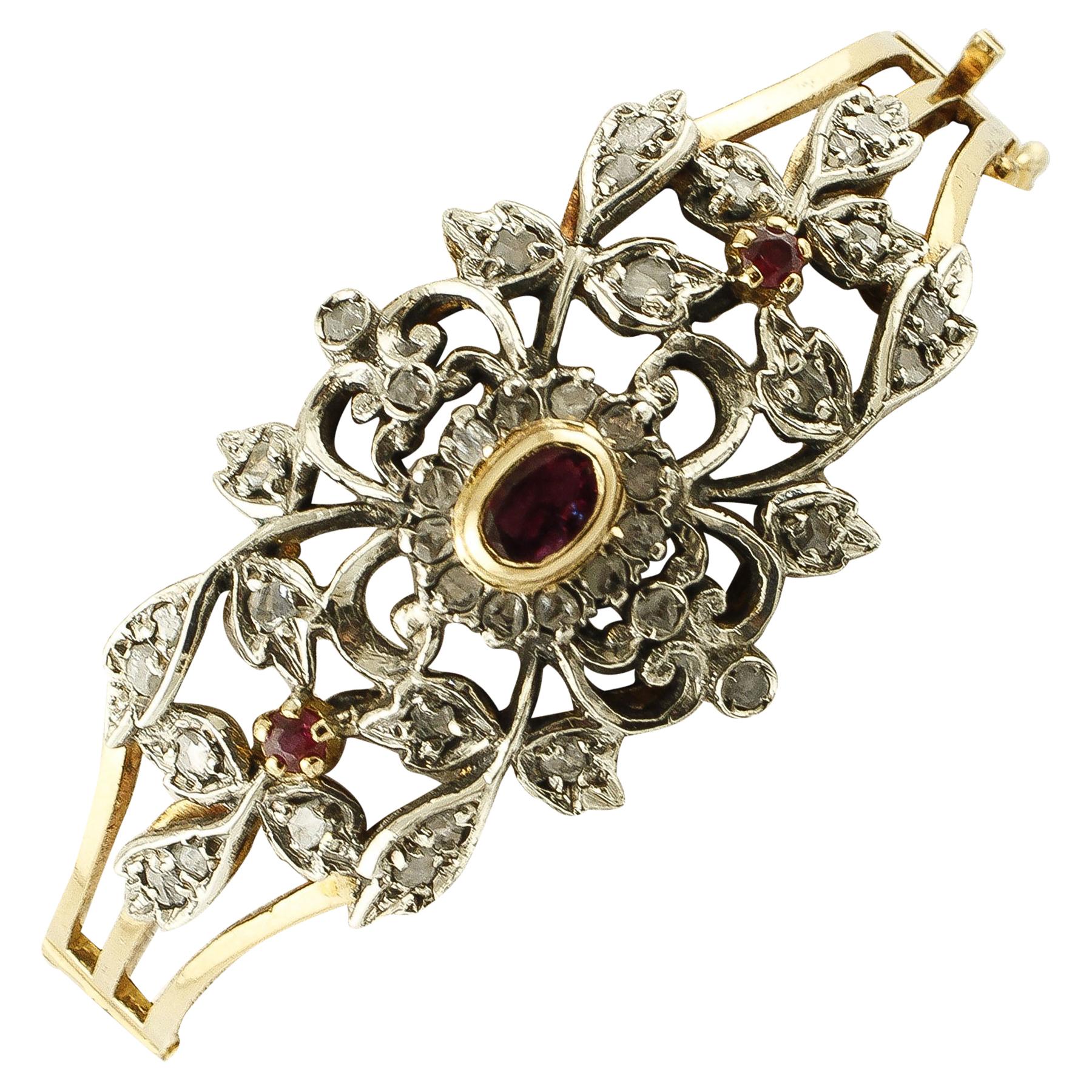 Diamonds, Rubies, 18 Karat Yellow Gold and Silver Vintage Bracelet