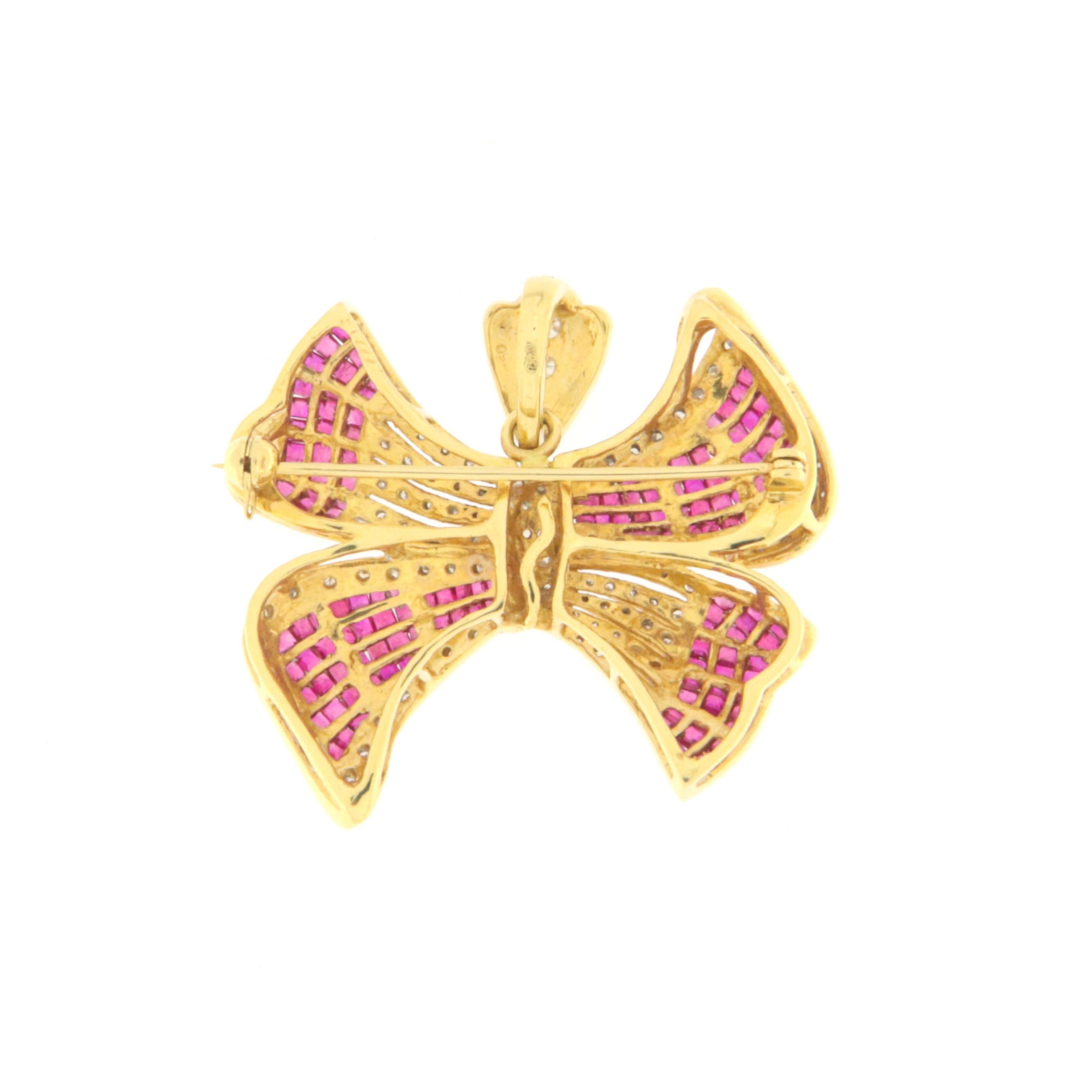 Artisan Diamonds Rubies 18 Karat Yellow Gold Bow Brooch and Pendant For Sale