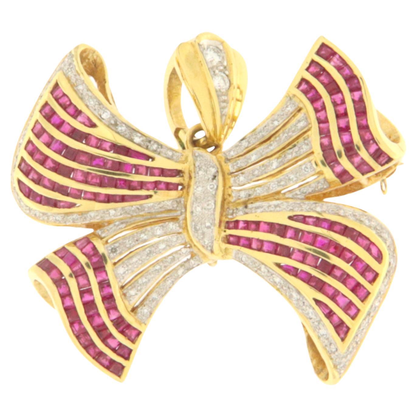 Diamonds Rubies 18 Karat Yellow Gold Bow Brooch and Pendant For Sale