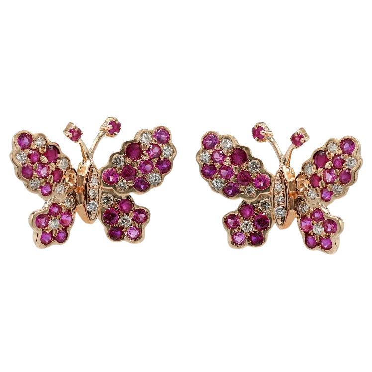 Boucles d'oreilles papillon en diamants, rubis et or 18K