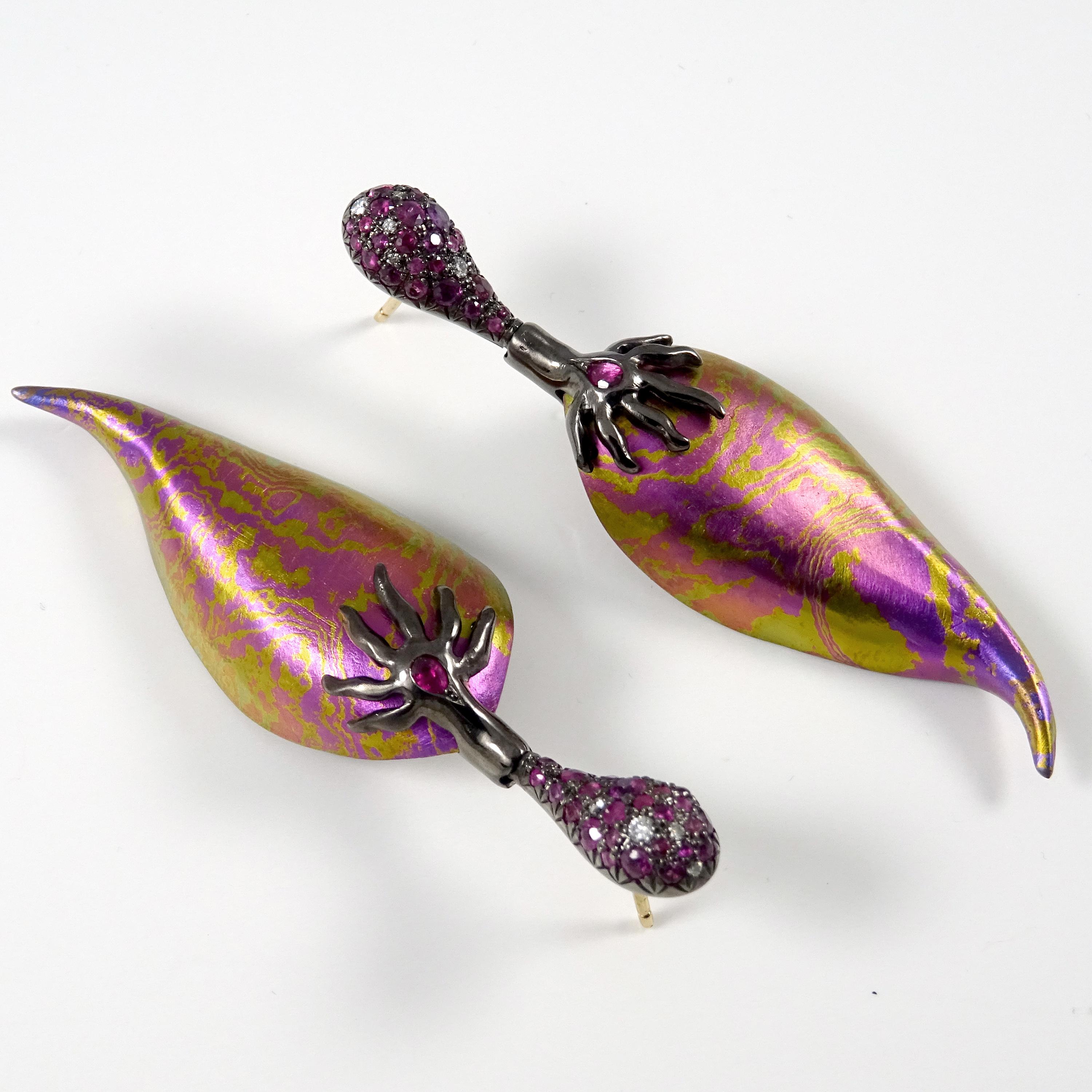 Contemporary Diamonds Rubies 18 Karat Gold Black rodium Silver Pink Yellow Timascus Earrings  For Sale