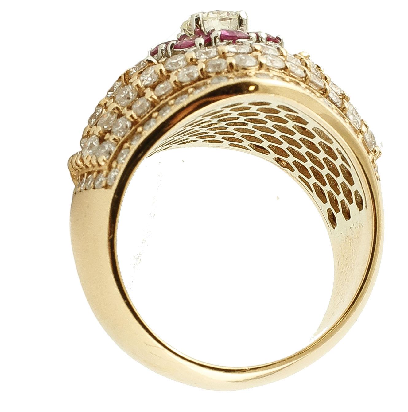 Round Cut Diamonds, Rubies, 18 Karat Rose Gold Cluster Ring