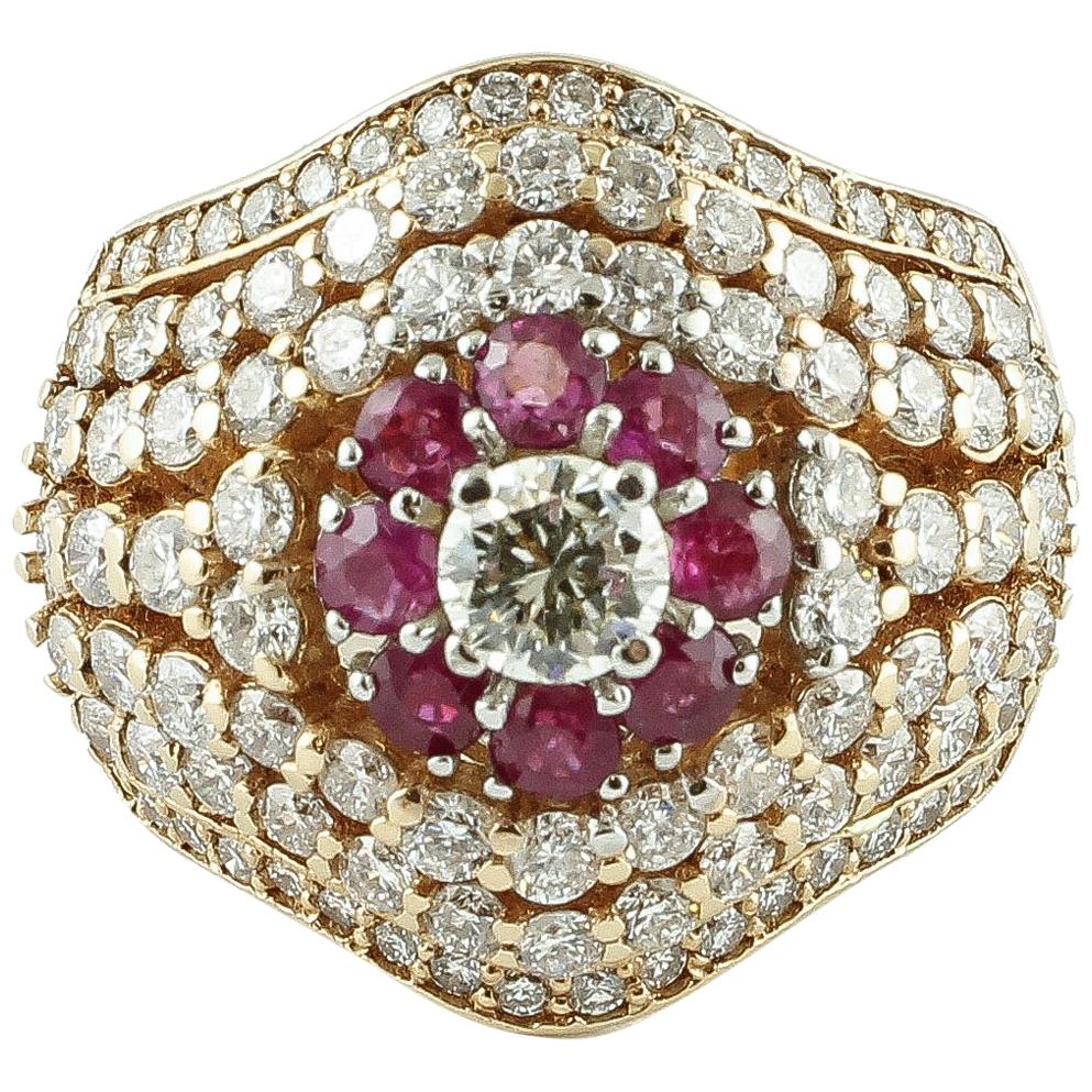 Diamonds, Rubies, 18 Karat Rose Gold Cluster Ring
