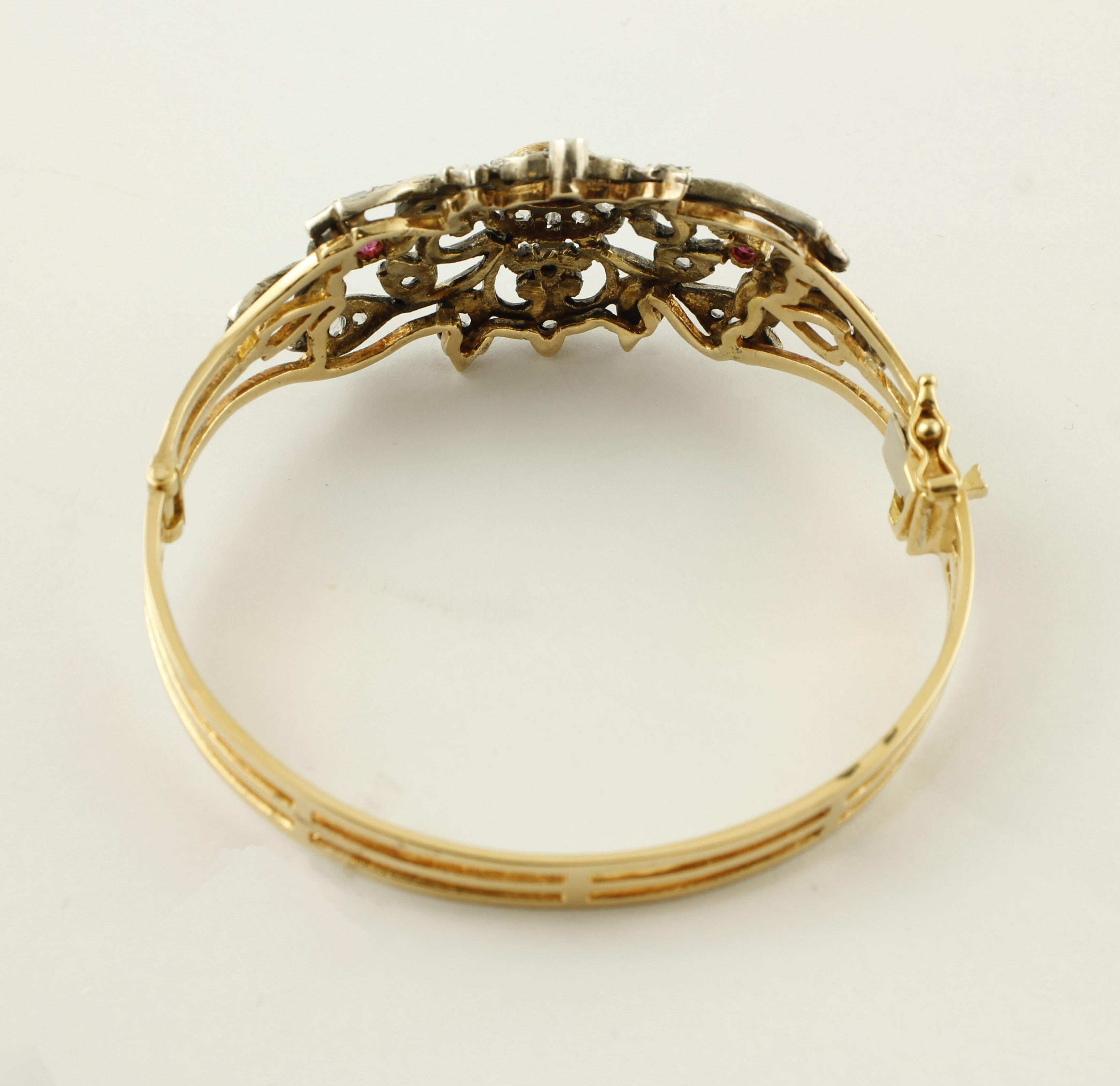 Women's Diamonds, Rubies, 18 Karat Yellow Gold and Silver Vintage Bracelet