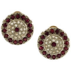 Diamonds, Rubies, 9 Karat Rose Gold and Silver Stud Earrings