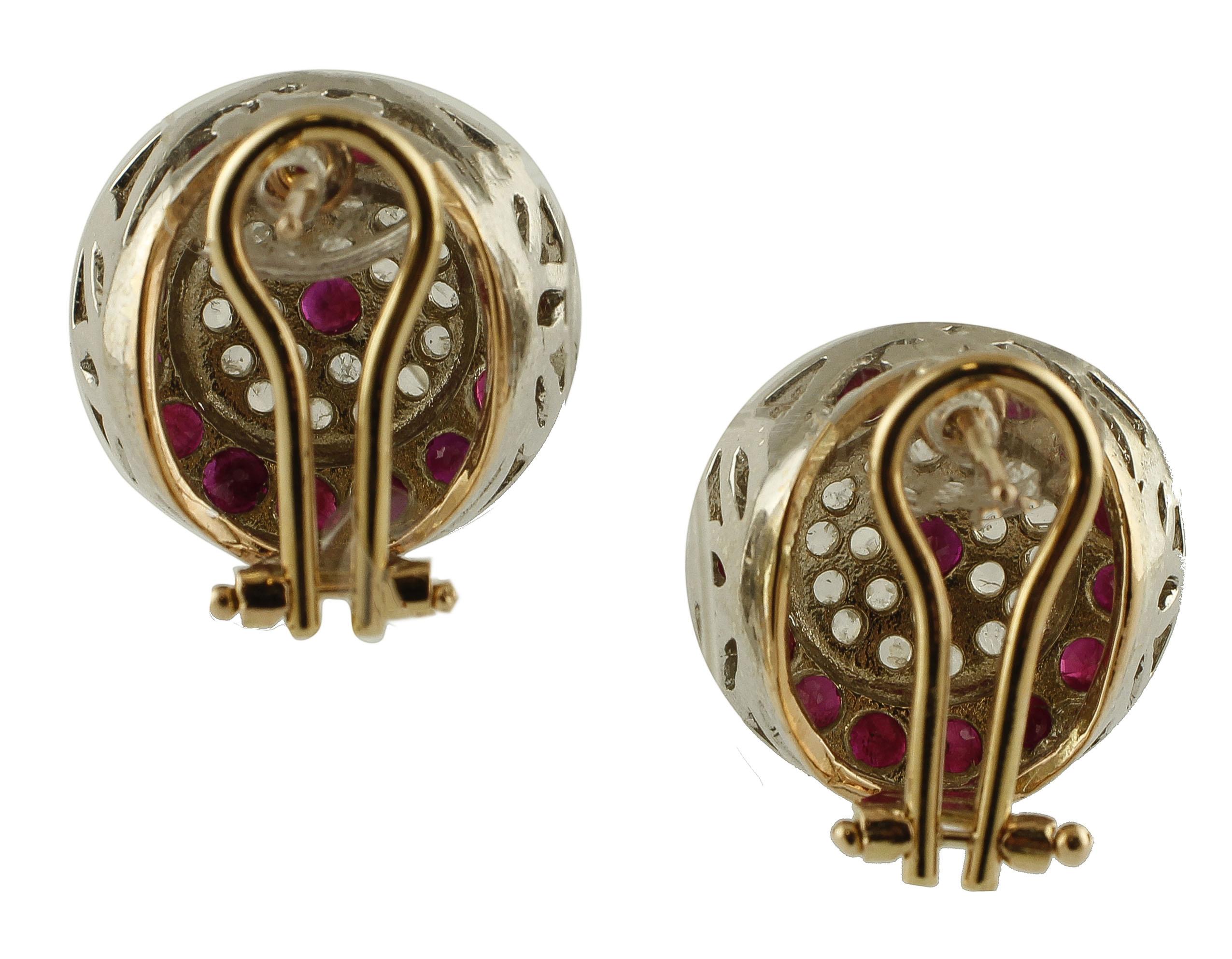 Beautiful pair of stud earrings in 9k rose gold and silver mounted with a central ruby surrounded by diamonds and an external crown of rubies.
These earrings are totally handmade by Italian master goldsmiths
Diamonds 0.67 ct
Rubies 5.28 ct
Total