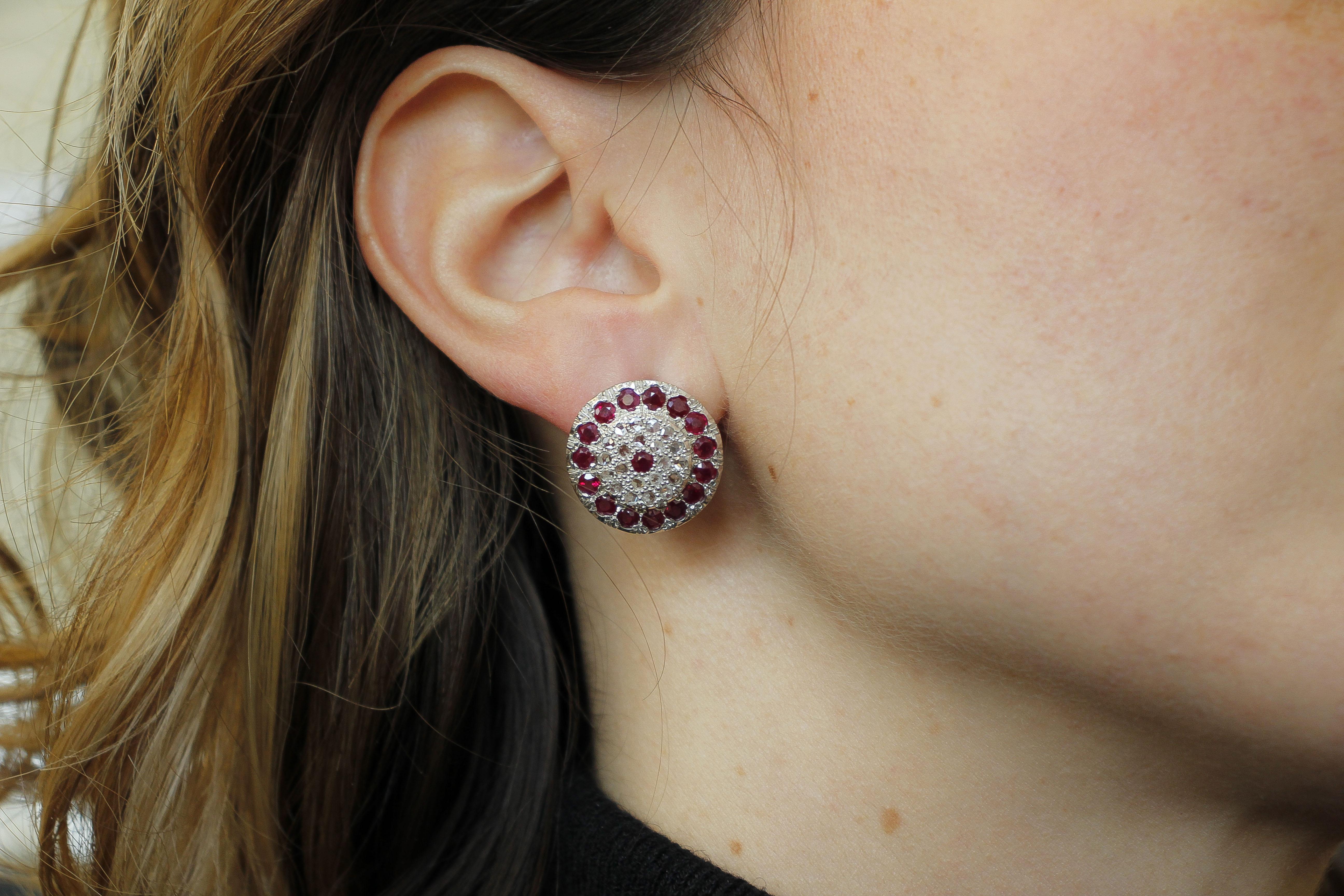 Diamonds, Rubies, 9 Karat Rose Gold and Silver Stud Earrings 4