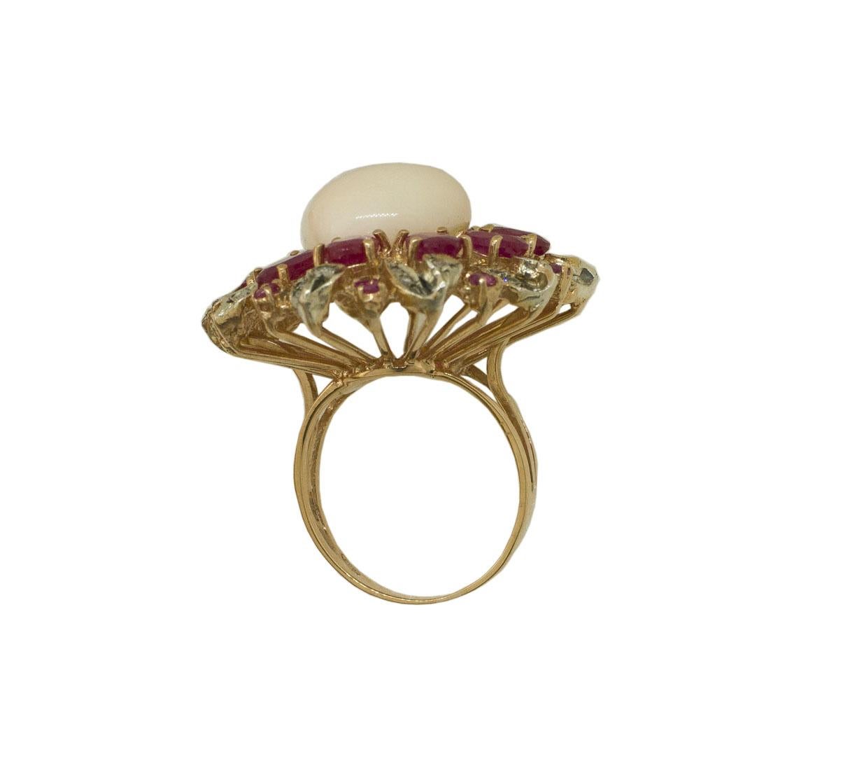 Diamonds Rubies  Pink Coral Rose Gold and Silver Flower Fashion Ring In Excellent Condition In Marcianise, Marcianise (CE)
