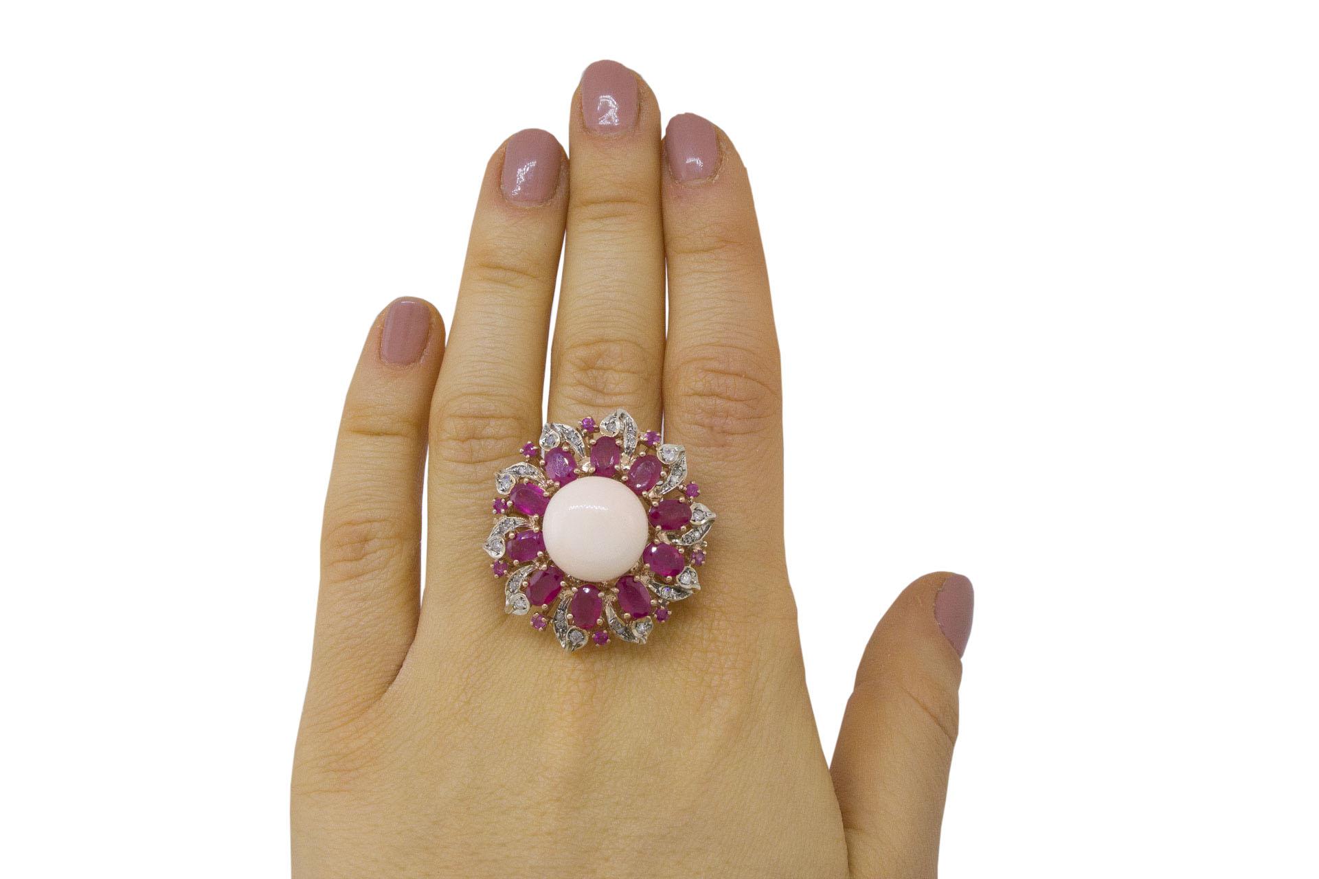 Women's Diamonds Rubies  Pink Coral Rose Gold and Silver Flower Fashion Ring