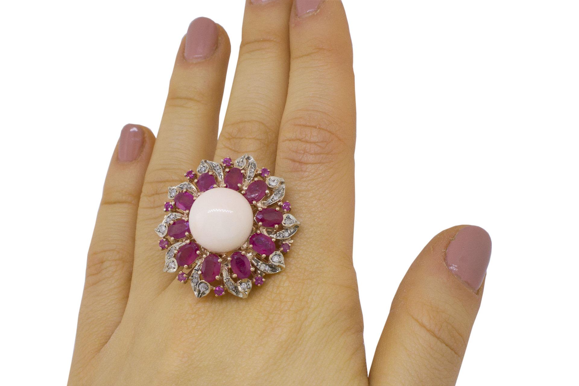 Diamonds Rubies  Pink Coral Rose Gold and Silver Flower Fashion Ring 1