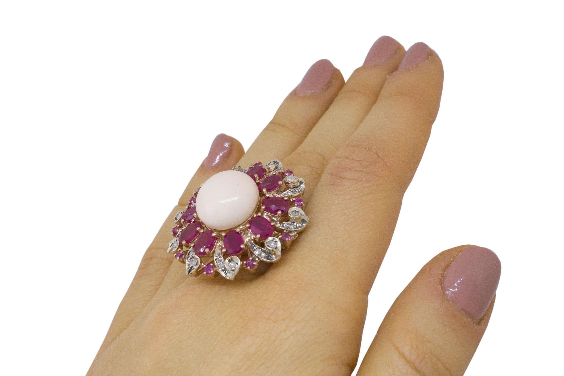 Diamonds Rubies  Pink Coral Rose Gold and Silver Flower Fashion Ring 2