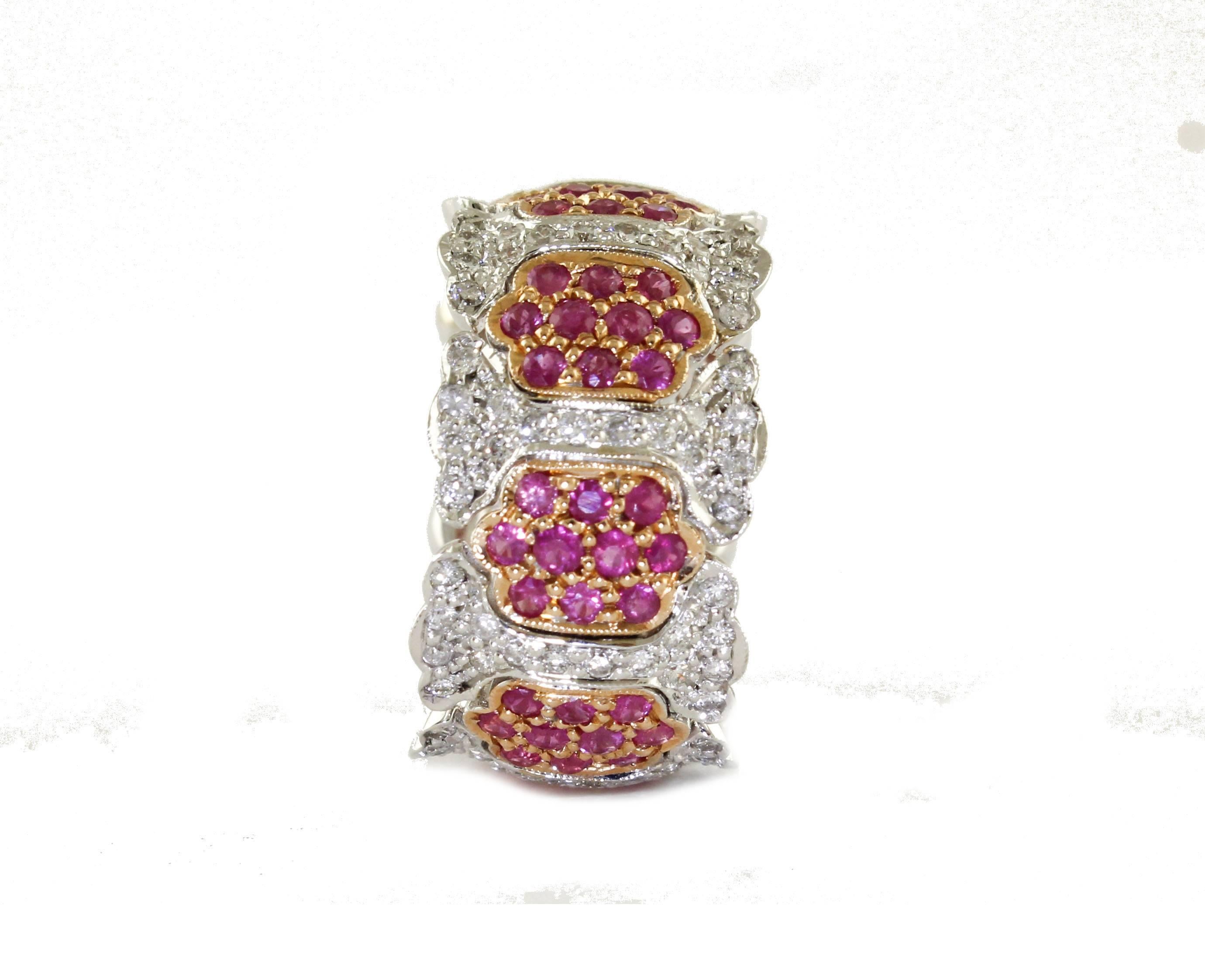 Band ring in 14 kt white and rose gold mounted with diamonds and rubies.
Diamonds ct 1.25
Rubies ct 2.18
Tot.Weight 7.90 g
R.F ofoe
Size usa 7 ita 15 french 55
