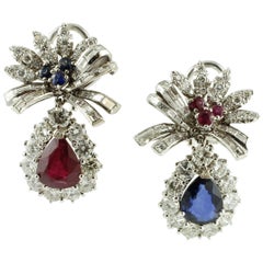 Vintage Diamonds, Rubies, Blue Sapphires 18 Karat White Gold Earrings