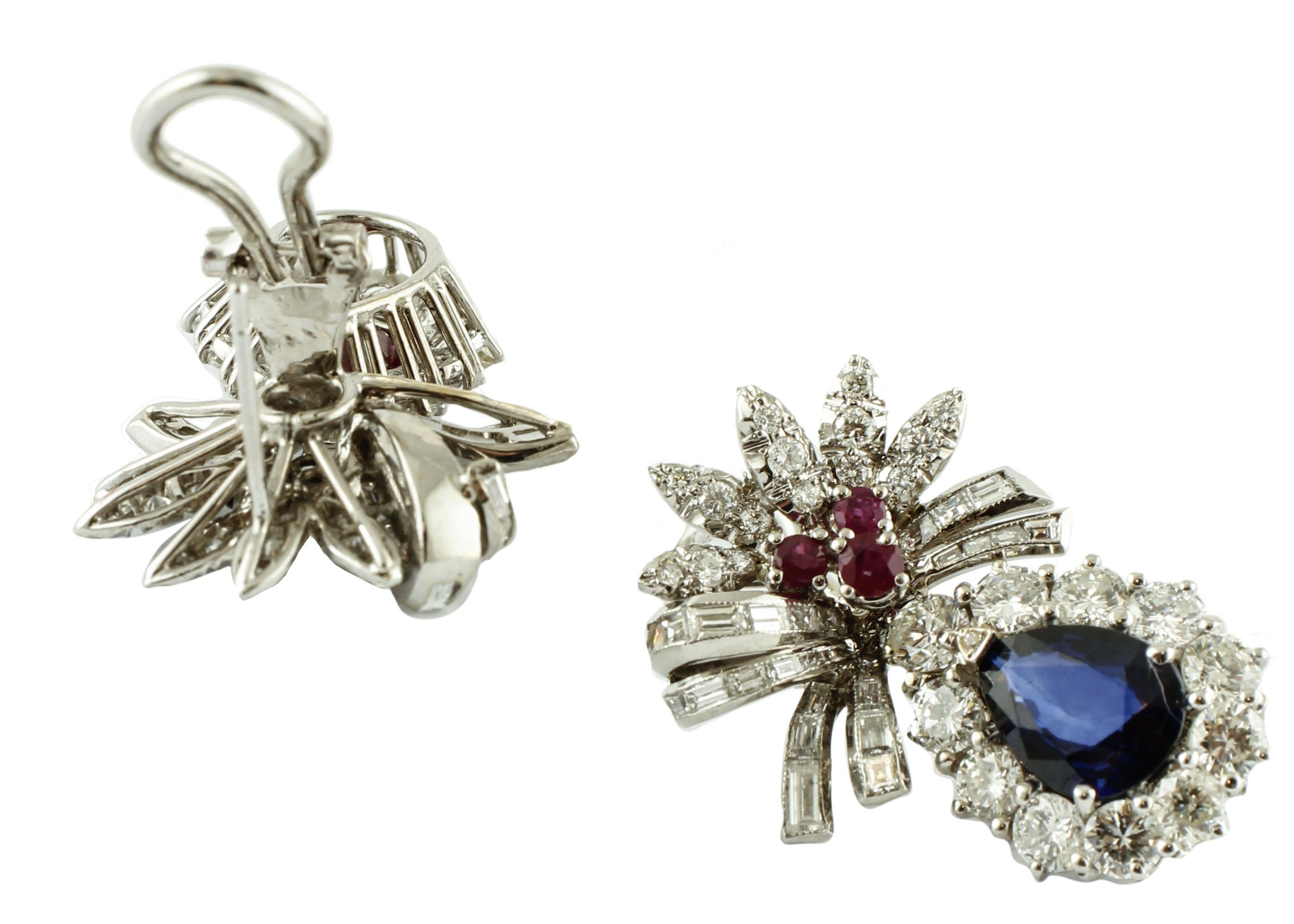 Brilliant Cut Diamonds, Rubies, Blue Sapphires 18 Karat White Gold Earrings For Sale