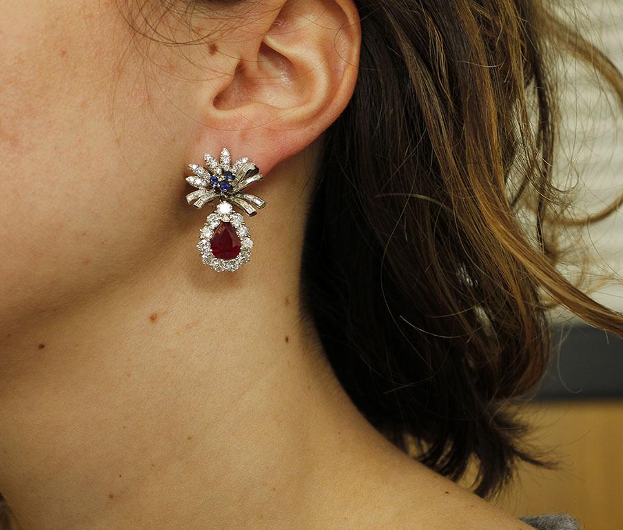 Women's Diamonds, Rubies, Blue Sapphires 18 Karat White Gold Earrings For Sale