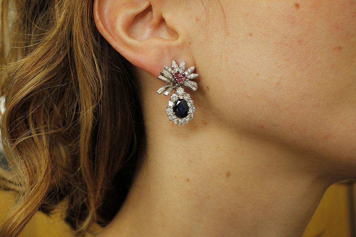 Diamonds, Rubies, Blue Sapphires 18 Karat White Gold Earrings For Sale 2