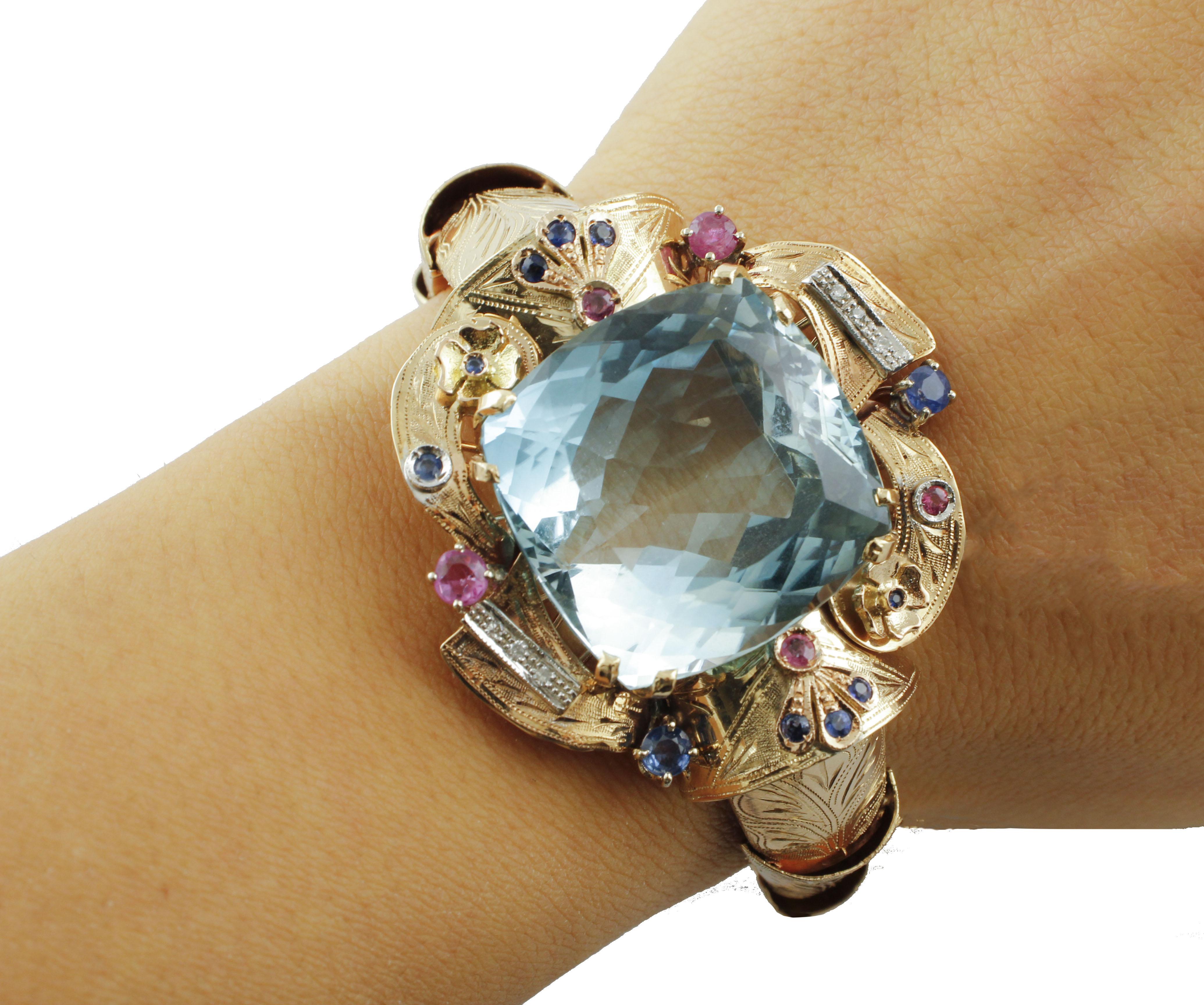 Diamonds Rubies Blue Sapphires Blue Topaz Rose and White Gold Retrò Bracelet In Good Condition In Marcianise, Marcianise (CE)