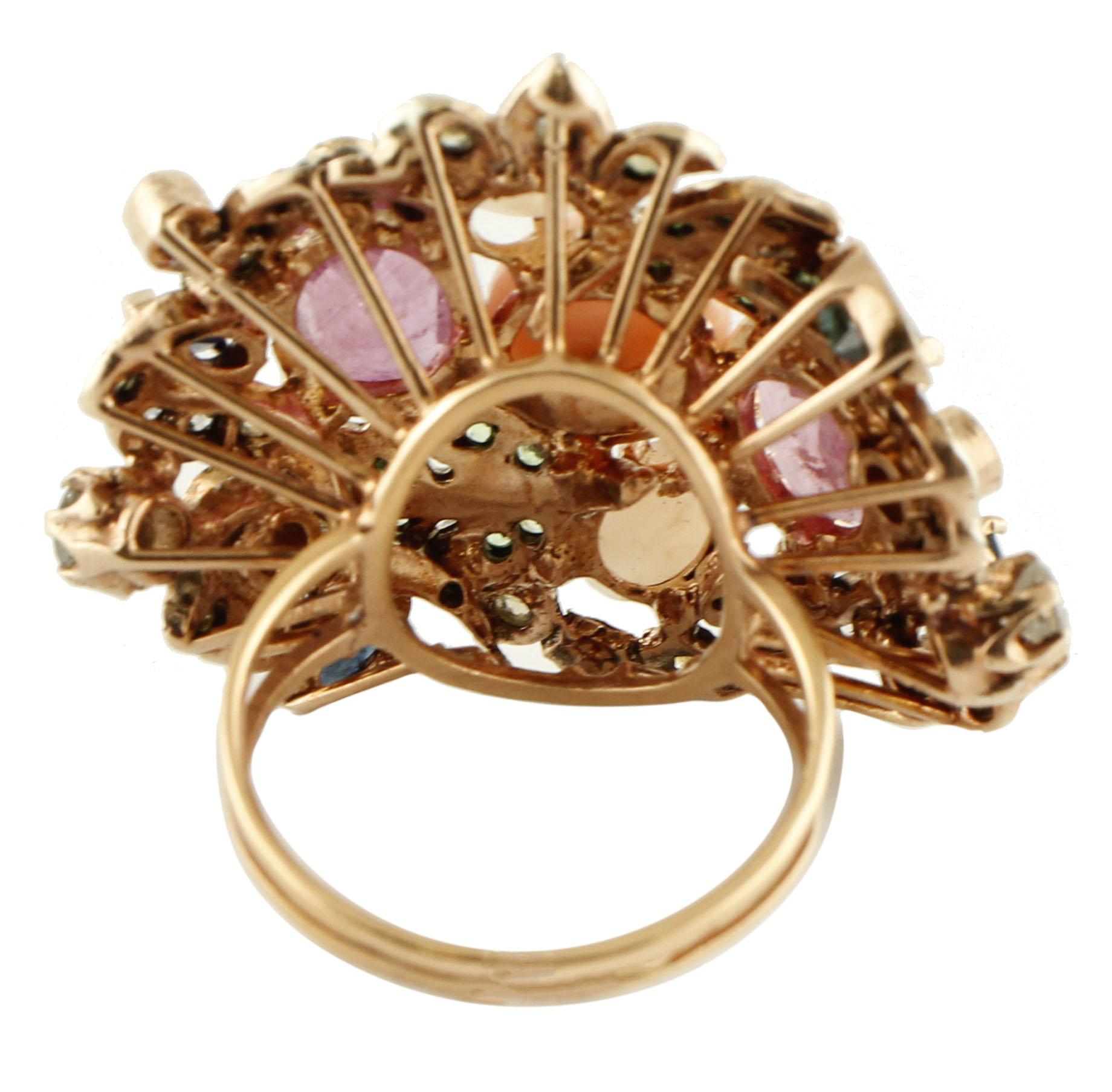 Retro Diamonds, Rubies, Blue Sapphires, Corals, Tsavorites Rose Gold and Silver Ring
