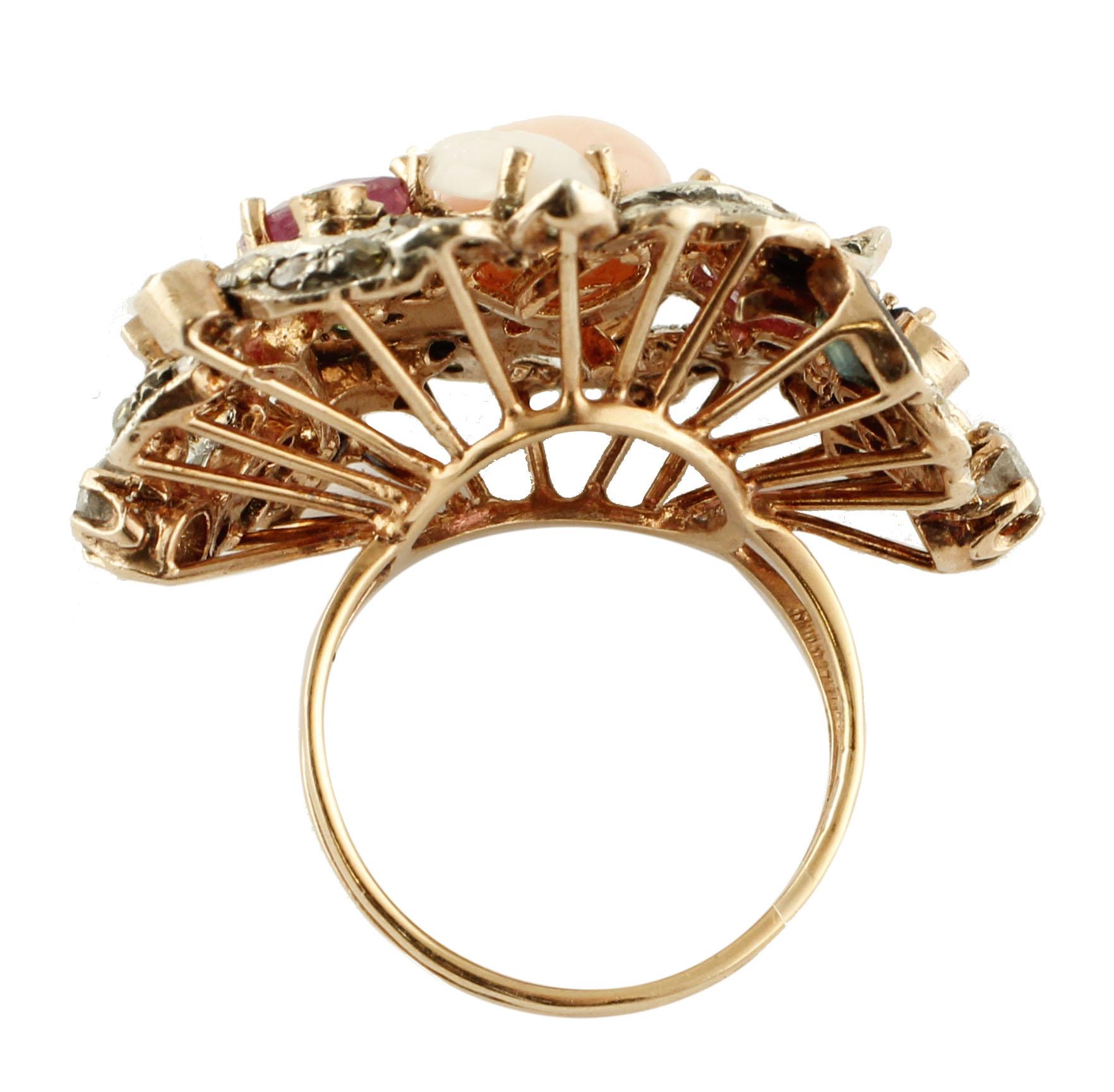 Mixed Cut Diamonds, Rubies, Blue Sapphires, Corals, Tsavorites Rose Gold and Silver Ring