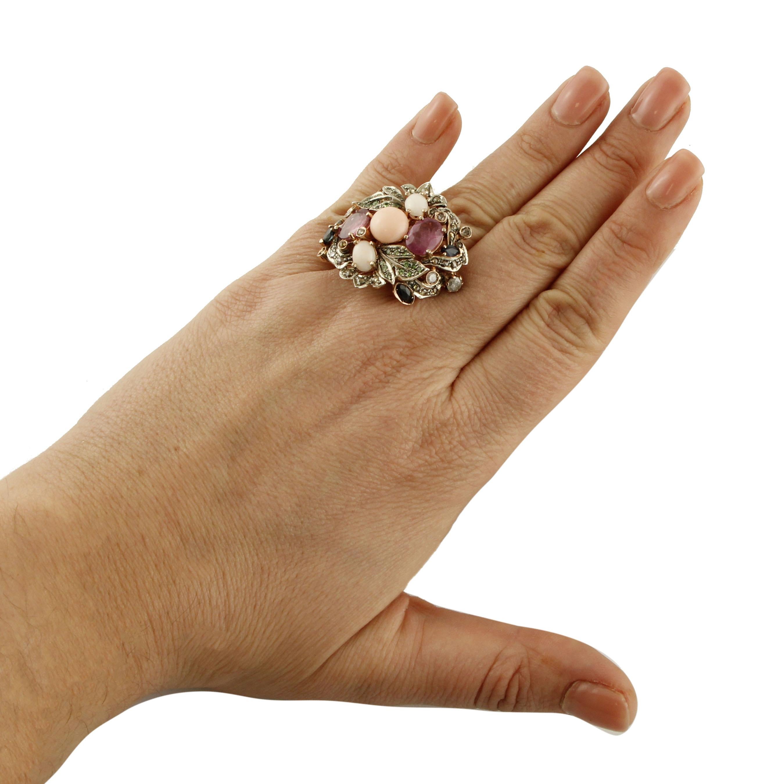 Women's Diamonds, Rubies, Blue Sapphires, Corals, Tsavorites Rose Gold and Silver Ring