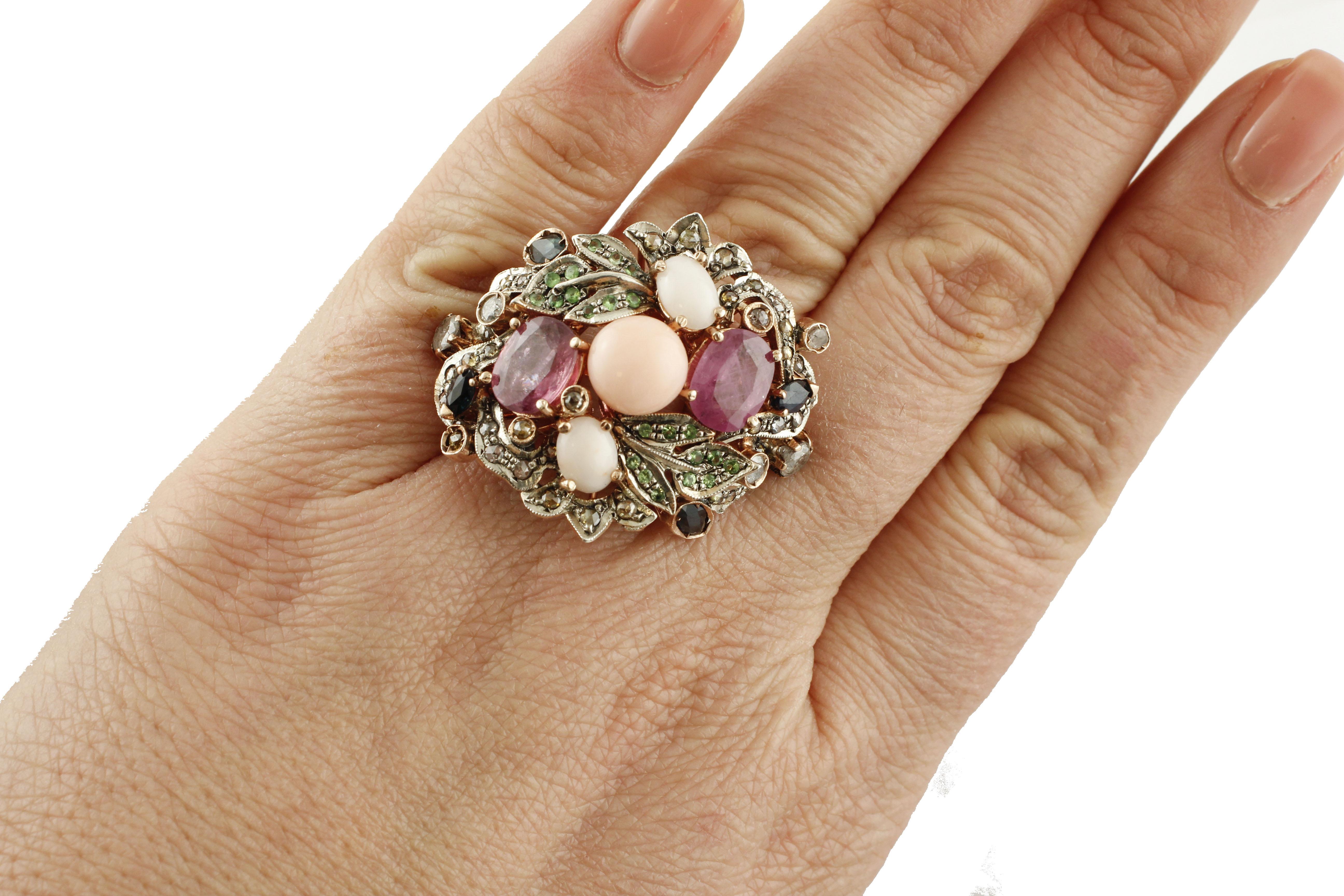 Diamonds, Rubies, Blue Sapphires, Corals, Tsavorites Rose Gold and Silver Ring 1