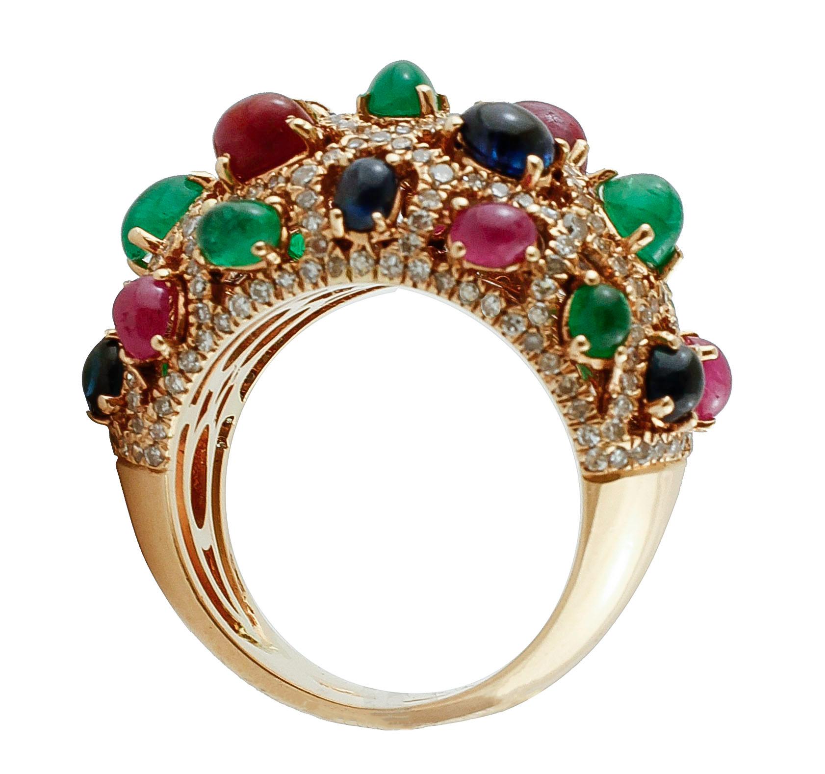 Mixed Cut Diamonds, Rubies, Blue Sapphires, Emeralds 14 Karat Rose Gold Cluster Retrò Ring