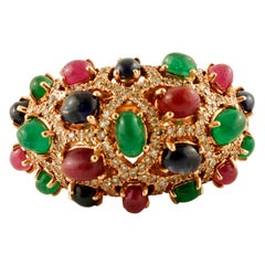 Diamonds, Rubies, Blue Sapphires, Emeralds 14 Karat Rose Gold Cluster Retrò Ring