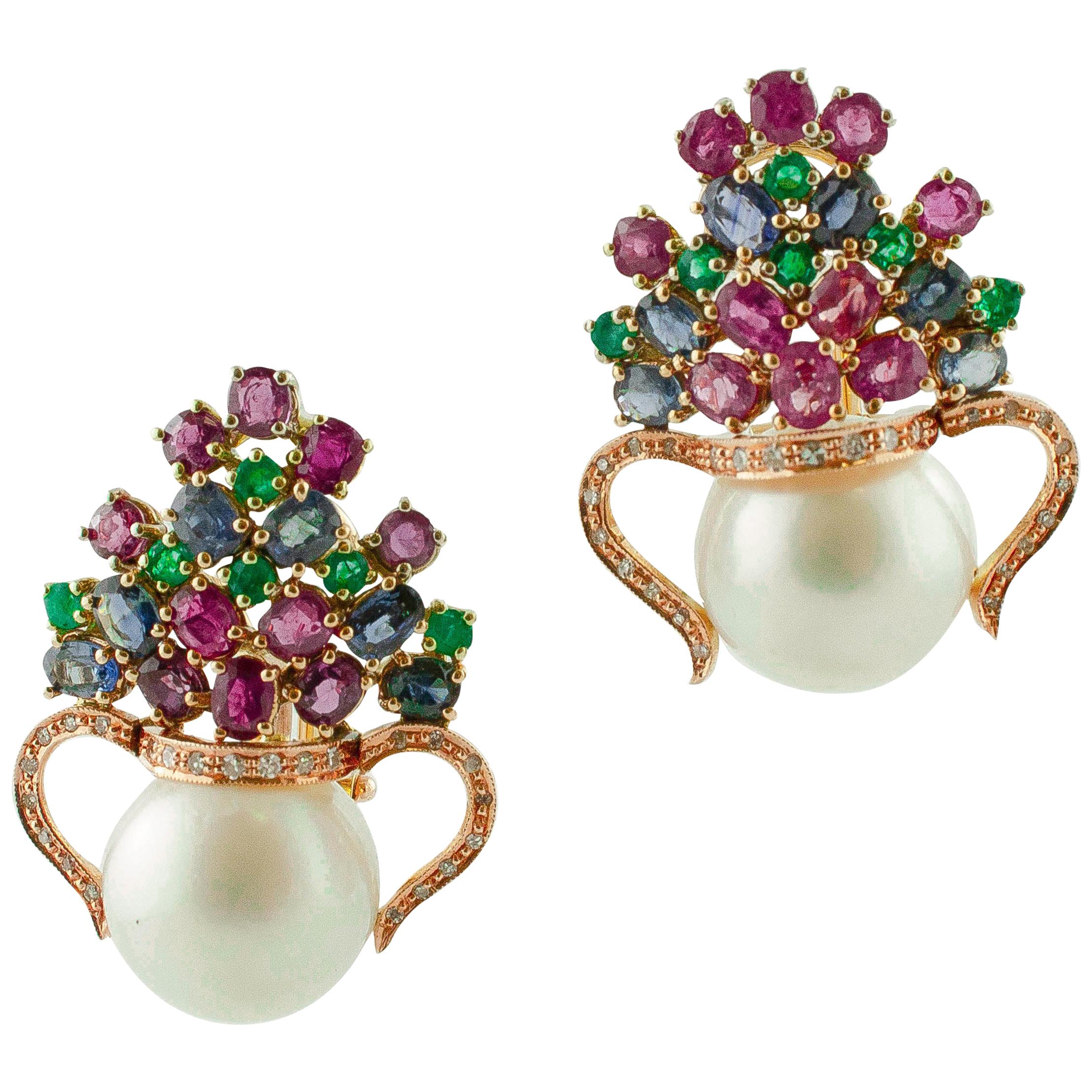 Diamonds, Rubies, Blue Sapphires, Emeralds Pearls 14K Rose Gold Clip-On Earrings