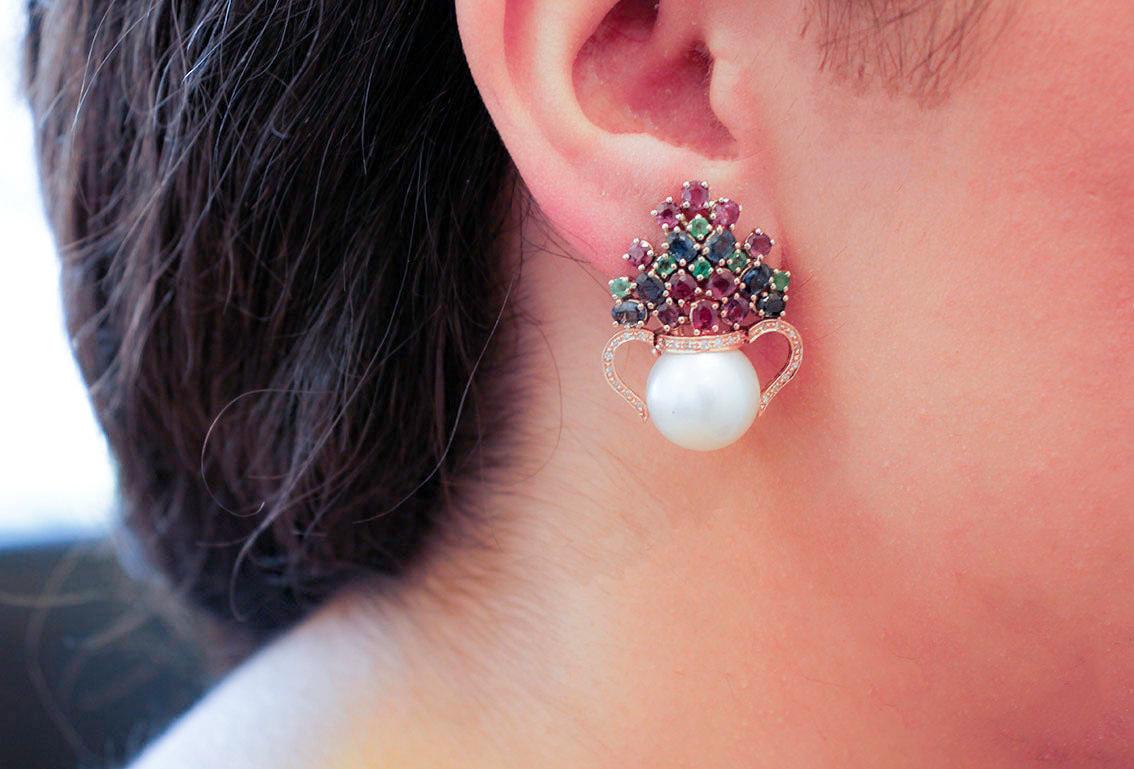 Diamonds, Rubies, Blue Sapphires, Emeralds Pearls 14K Rose Gold Clip-On Earrings 1