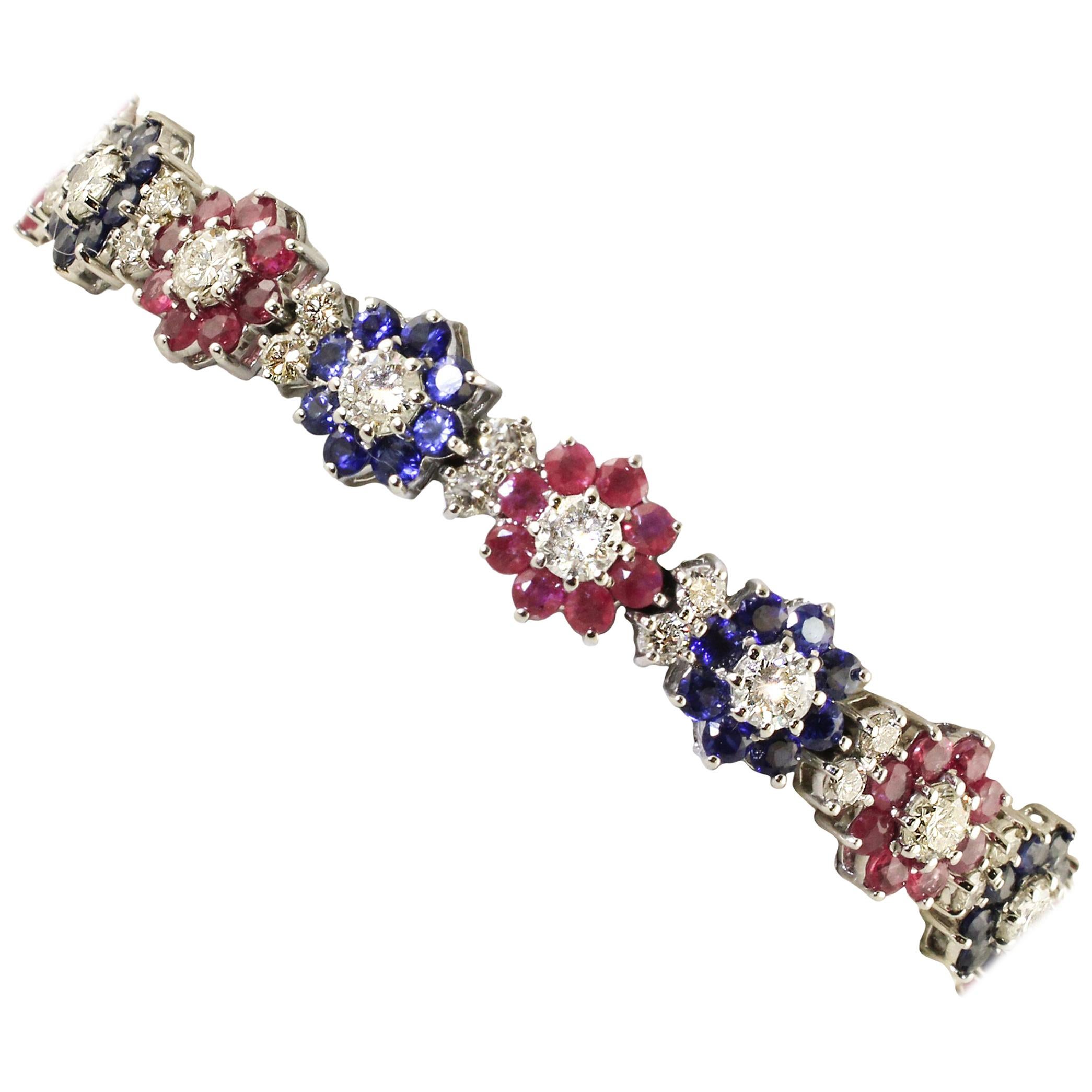 Diamonds Rubies Blue Sapphires Flowers White Gold Contemporary Link Bracelet