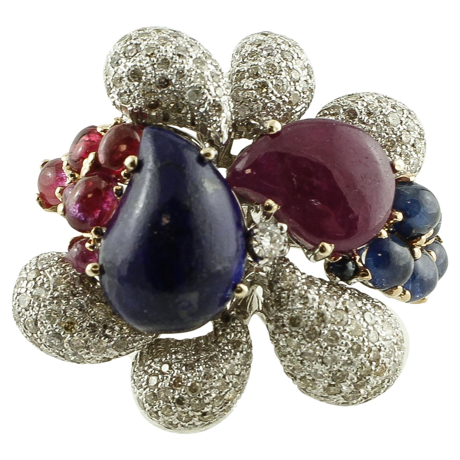 Bague en or blanc 14 carats, diamants, rubis, saphirs bleus, lapis-lazuli