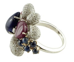Diamonds, Rubies, Blue Sapphires, Lapis Lazuli, 14 Karat White Gold Ring