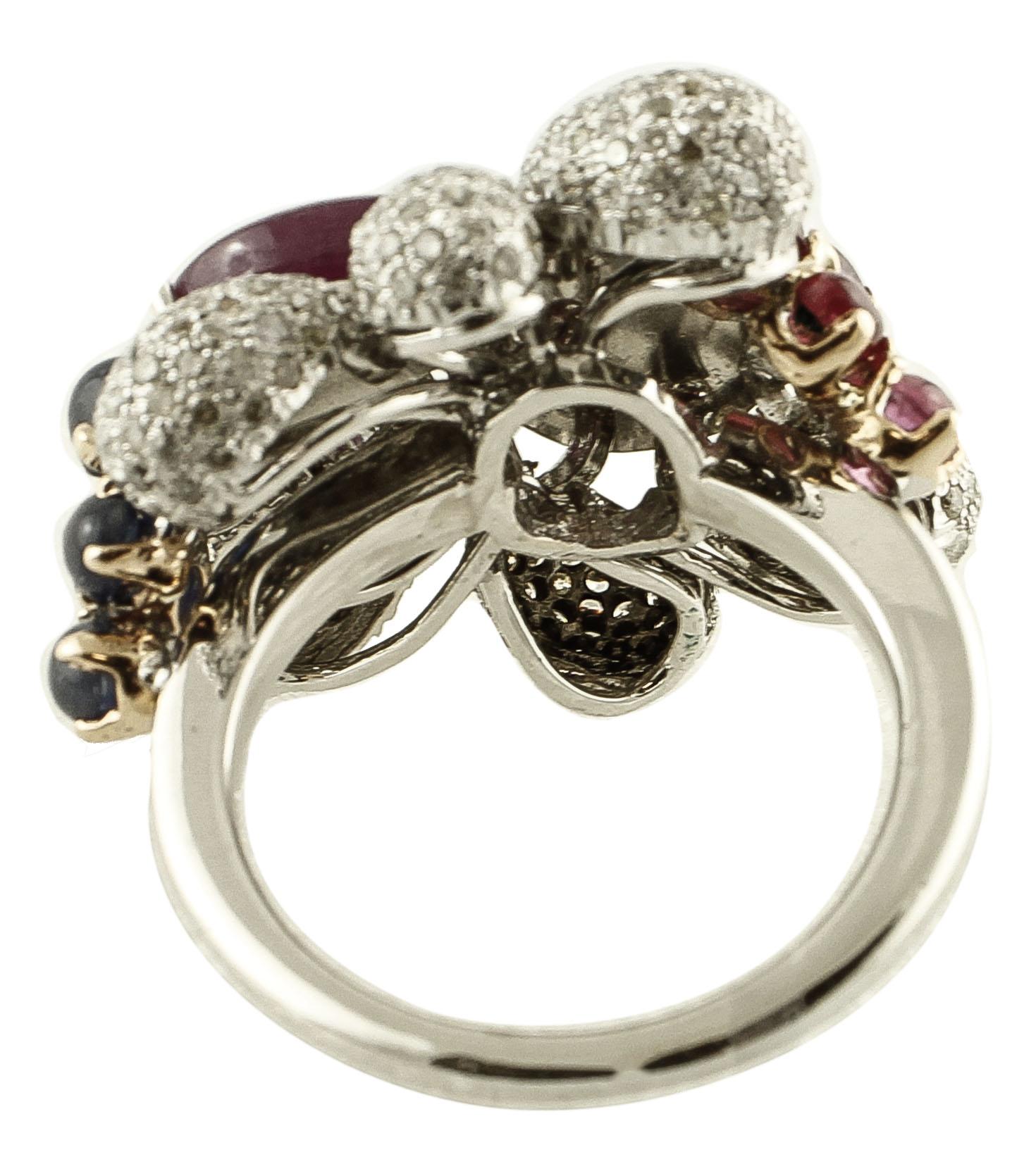 Brilliant Cut Diamonds, Rubies, Blue Sapphires, Lapis Lazuli, 14 Karat White Gold Ring For Sale