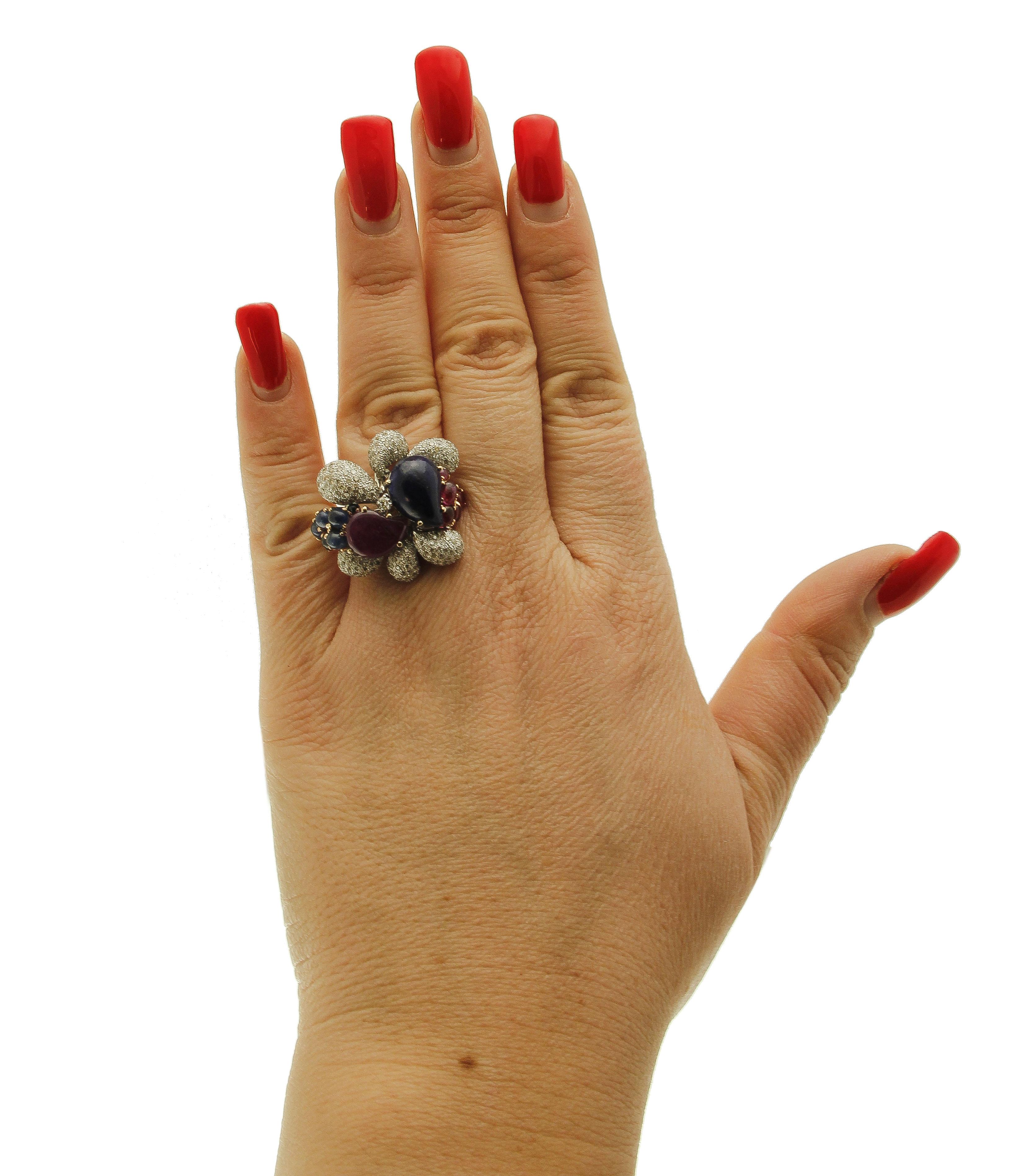 Women's Diamonds, Rubies, Blue Sapphires, Lapis Lazuli, 14 Karat White Gold Ring For Sale
