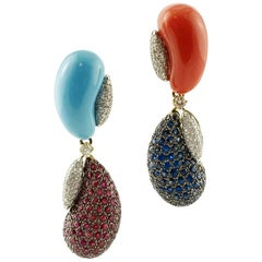 Diamonds, Rubies Blue Sapphires Turquoise, Coral, 18k White/Yellow Gold Earrings