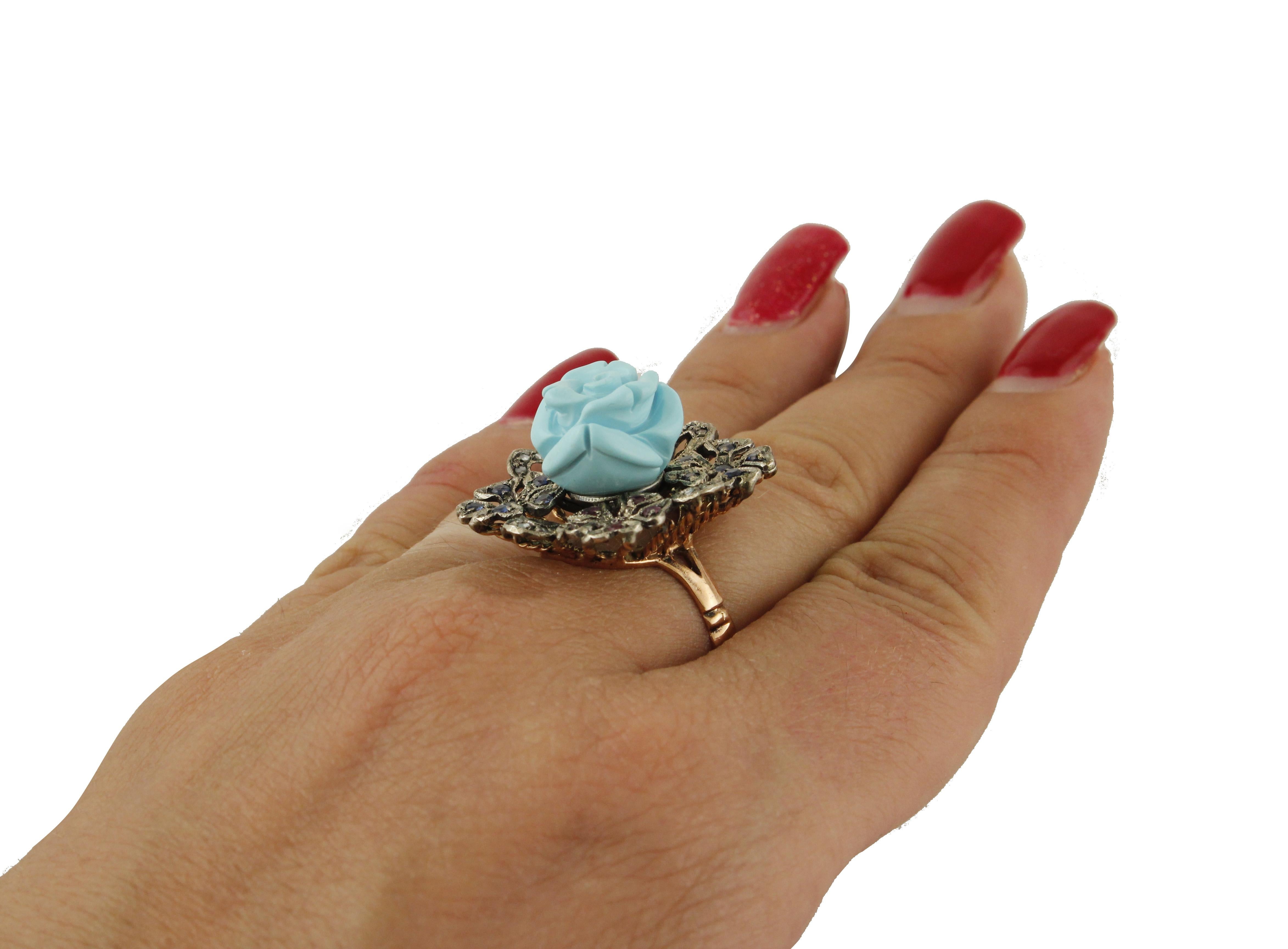 Retro Diamonds Rubies Blue Sapphires Turquoise Paste Rose Gold and Silver Cluster Ring For Sale