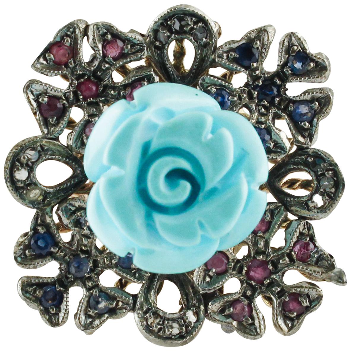 Bague grappe en or rose, diamants, rubis, saphirs bleus, turquoises et pâte de turquoise