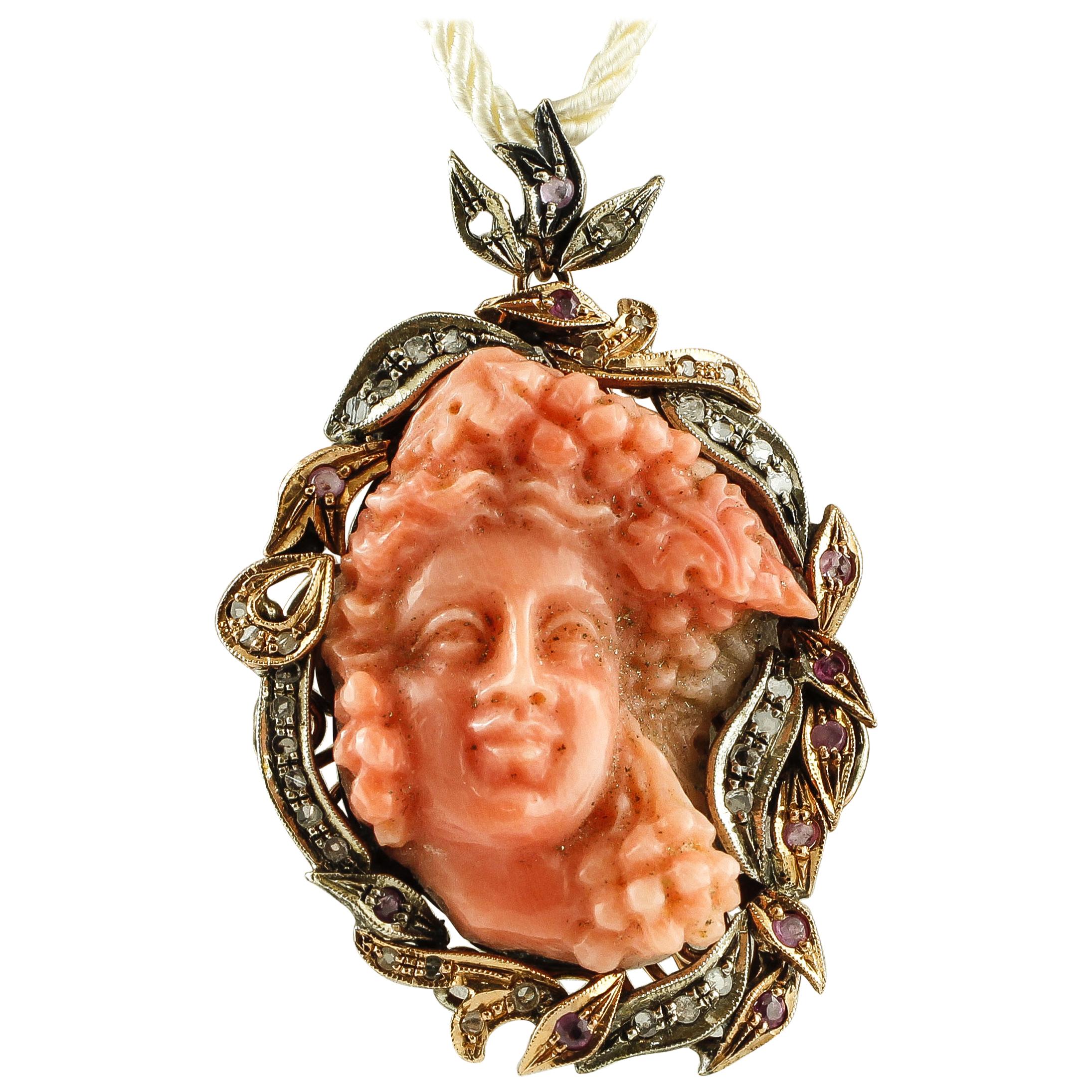 Diamonds, Rubies, Engraved  Coral Rose Gold and Silver Retro Pendant/Brooch For Sale
