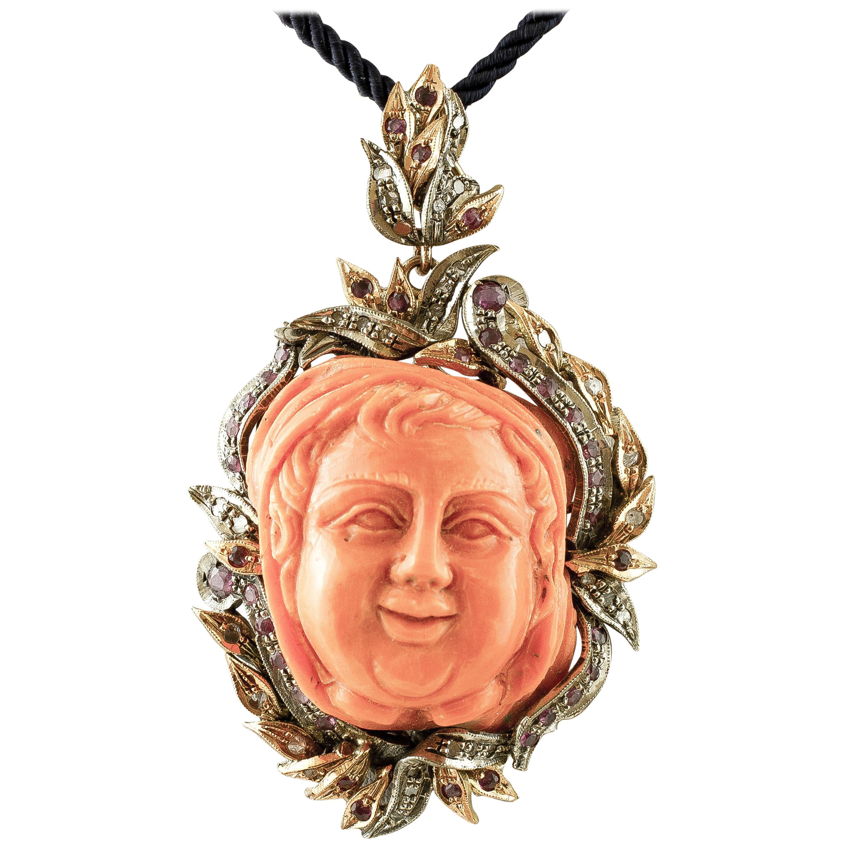 Diamonds, Rubies, Engraved Orange Coral, Rose Gold and Silver Retrò Pendant For Sale