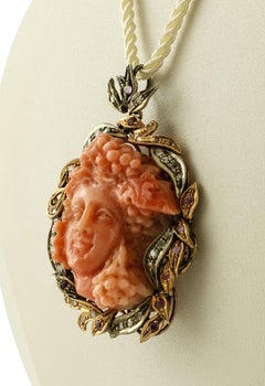 Diamanten, Rubine, gravierte Diamanten  Coral Rose Gold und Silber Retro-Anhänger/Brosche