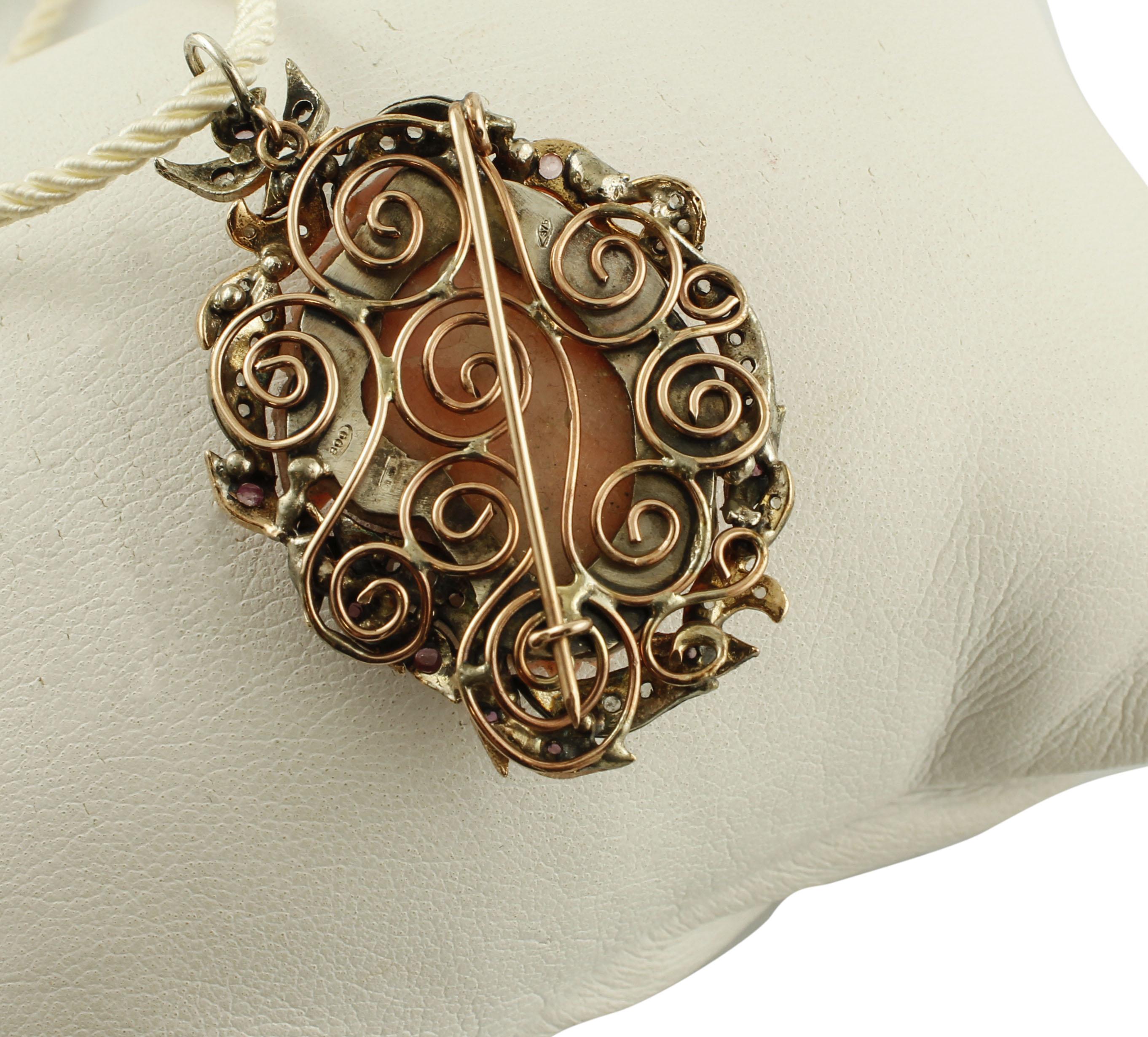 Women's Diamonds, Rubies, Engraved  Coral Rose Gold and Silver Retro Pendant/Brooch For Sale